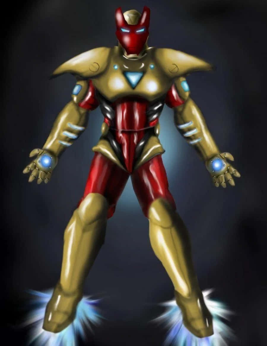 Vibranium Suit 桌布 壁紙 — 一個金色和紅色的裝甲超級英雄，發著藍光的雙手和雙腳，在黑暗背景中懸浮。