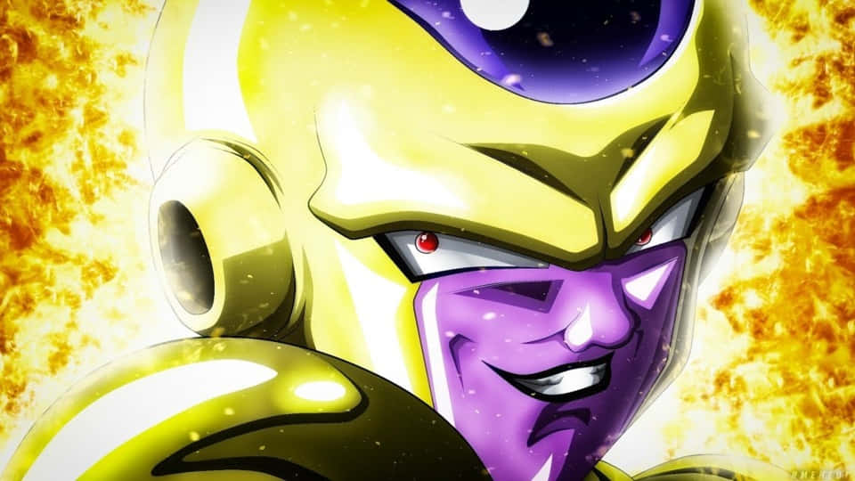 Vegeta And Frieza 桌布 壁紙 — 一個金色和紫色的動漫角色在火熱背景前，以發光的紅色眼睛近距離特寫，充滿威脅感。