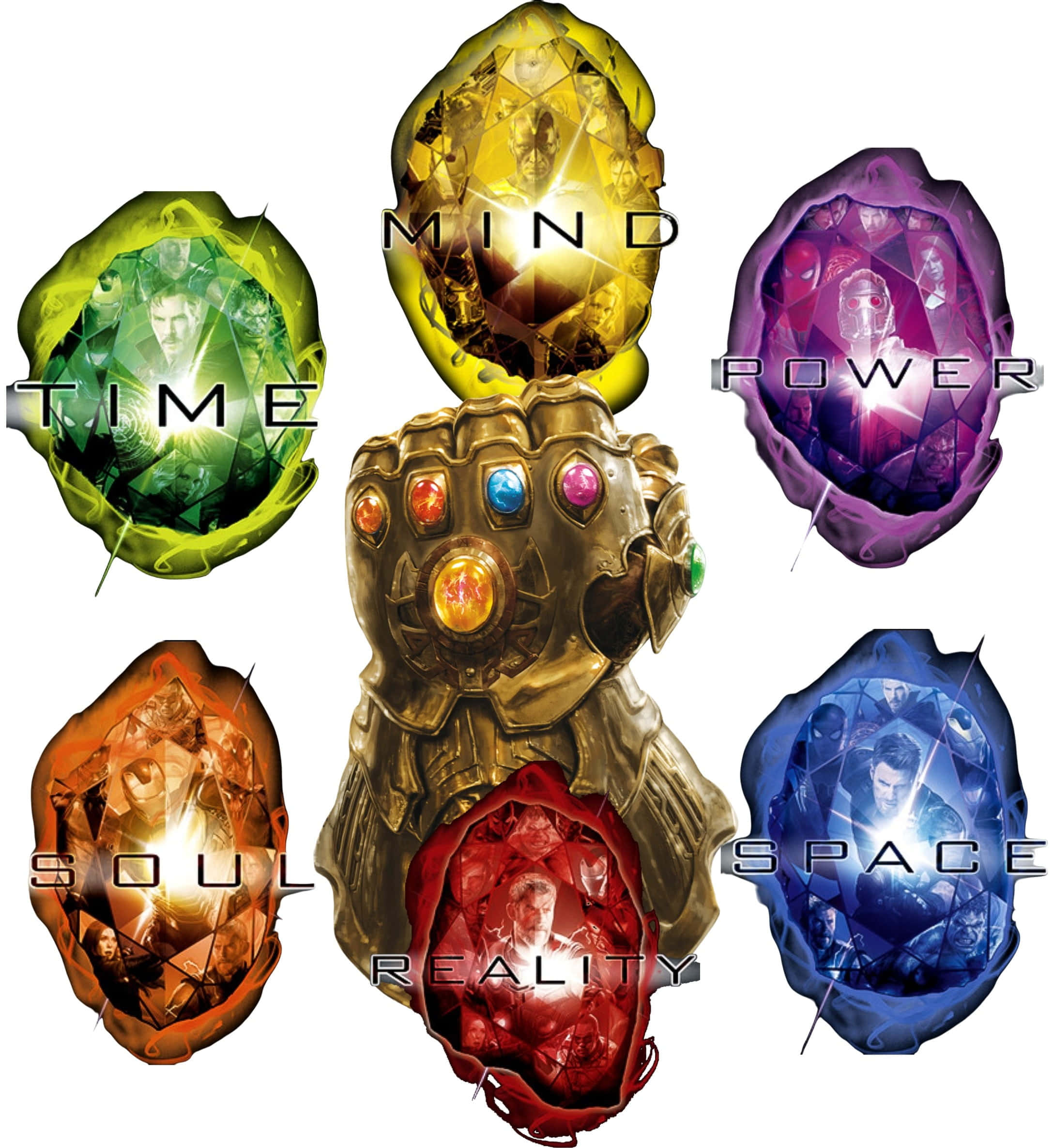 Infinity Gems 桌布 壁紙 — 一個金色嘅無限手套，被六粒發光寶石包圍，每粒都標示住一種力量類型，背景係白色。