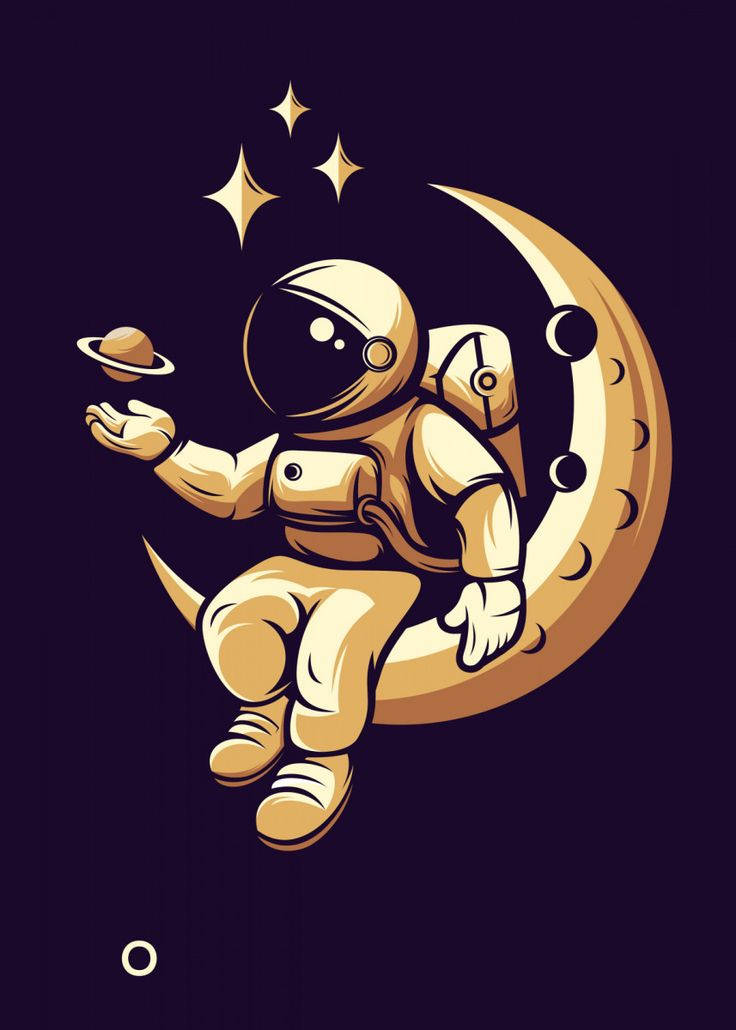 太空人 桌布 壁紙 — 一個金色太空人坐在新月上，在繁星點點的深紫色天空中抱著一個小小的土星。