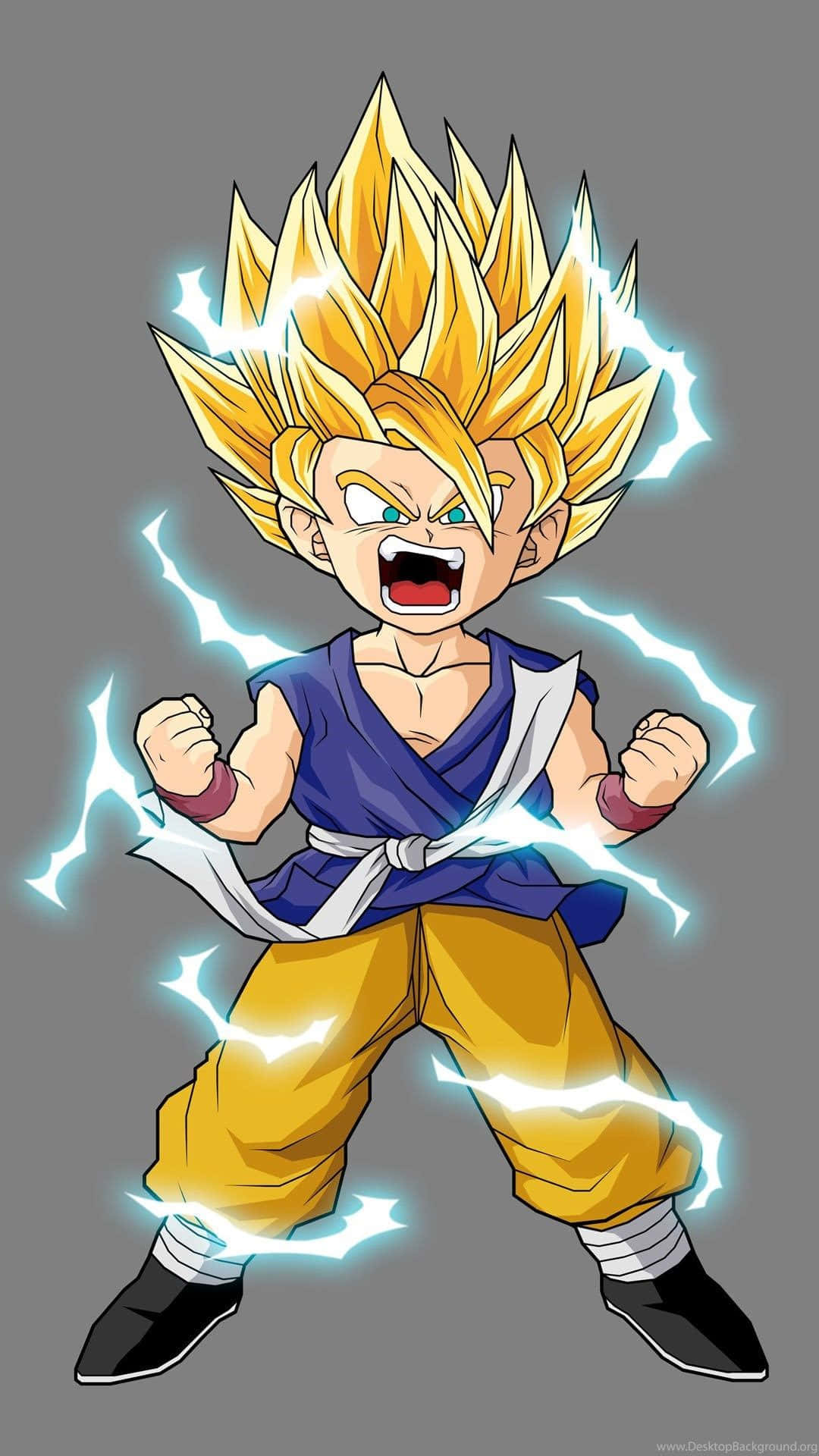 Dragon Ball iPhone 桌布 壁紙 — 一個金色尖刺頭髮、拳頭周圍有藍色閃電噼啪作響的Q版動漫角色，以戰鬥姿態咆哮。