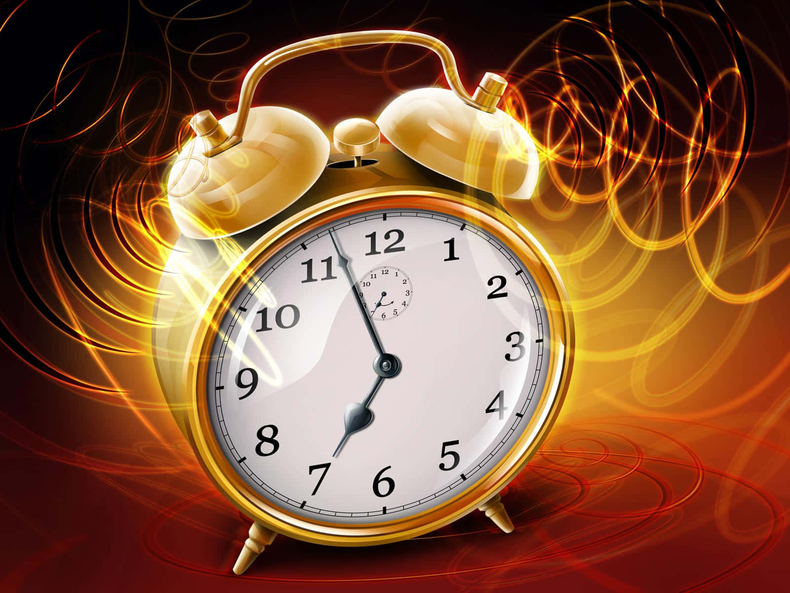 Time 桌布 壁紙 — 一個金色復古鬧鐘在旋轉的熾熱橙色和紅色能量線中發光。