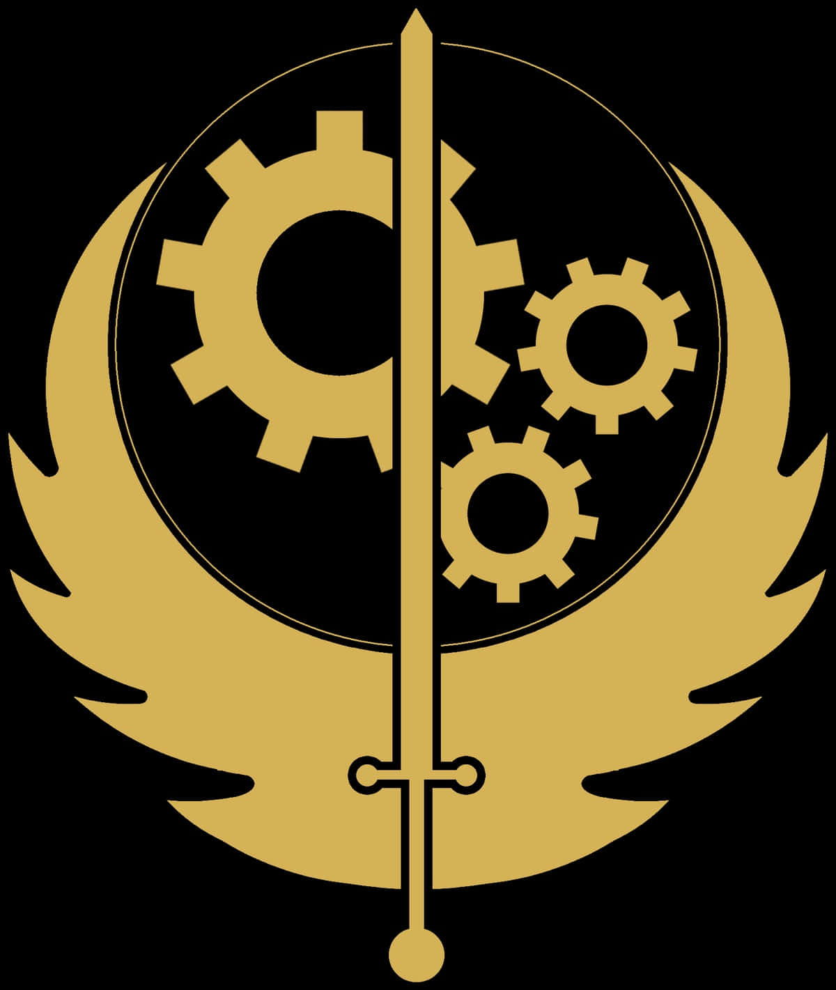 Fallout Brotherhood Of Steel 桌布 壁紙 — 一個金色徽章，在圓形框架內有一把劍將三個齒輪分開，兩側有翼狀形狀，背景為黑色。