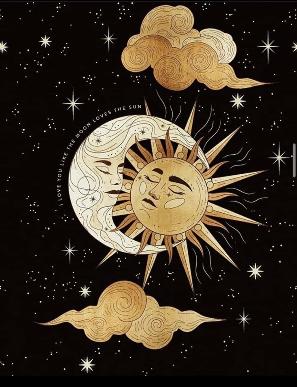 Sun And Moon Aesthetic 桌布 壁紙 — 一個金色插圖的月亮和太陽，帶有面孔，在星星和旋轉的雲朵下，在黑色天空中擁抱。