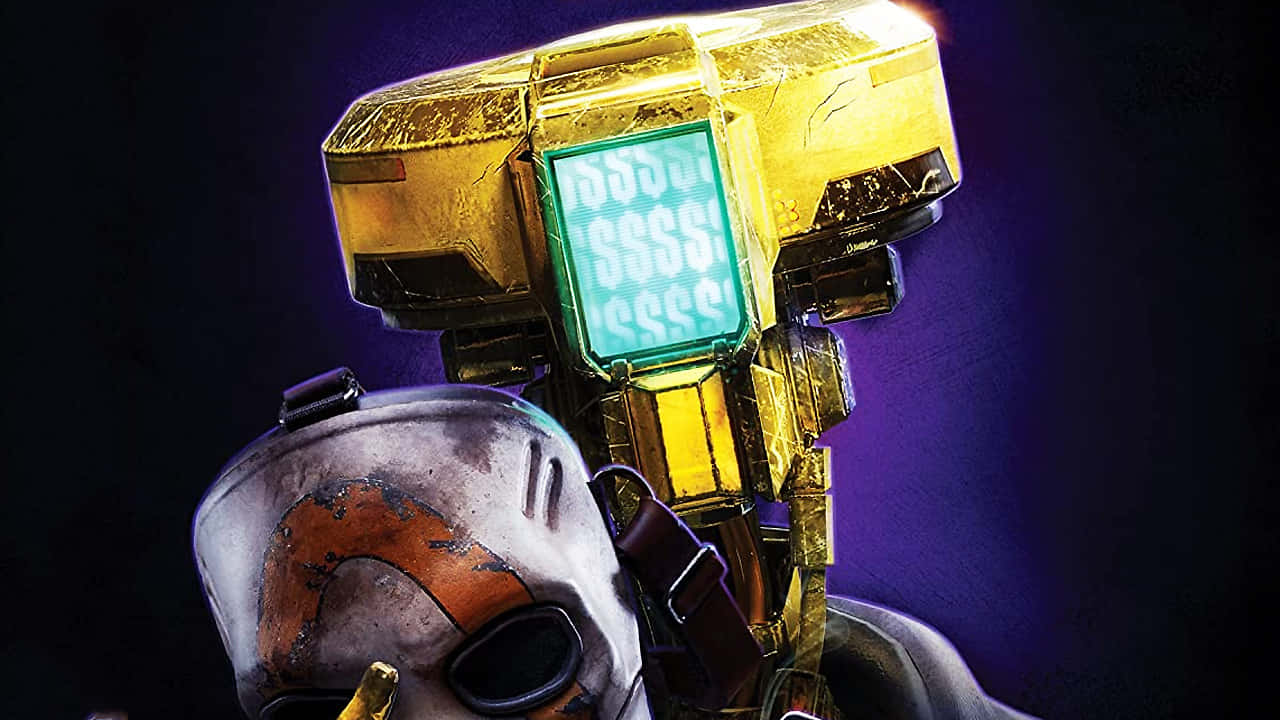 Borderlands Characters 桌布 壁紙 — 一個金色機械人的特寫，它有一個發光的綠色屏幕臉，站在一個戴面具的人類身影旁邊，背景是深紫色。