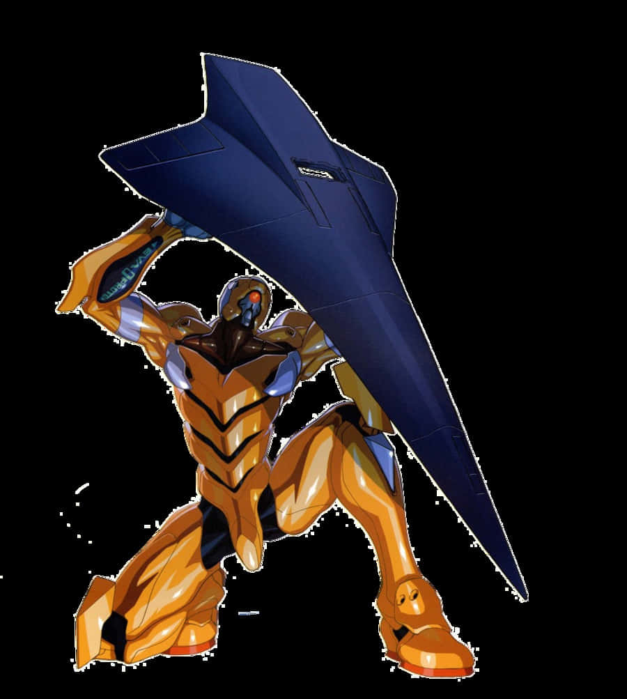 Eva-00 桌布 壁紙 — 一個金色生物機械巨人，手持藍色翼盾，在黑色背景前擺出動態戰鬥姿勢。