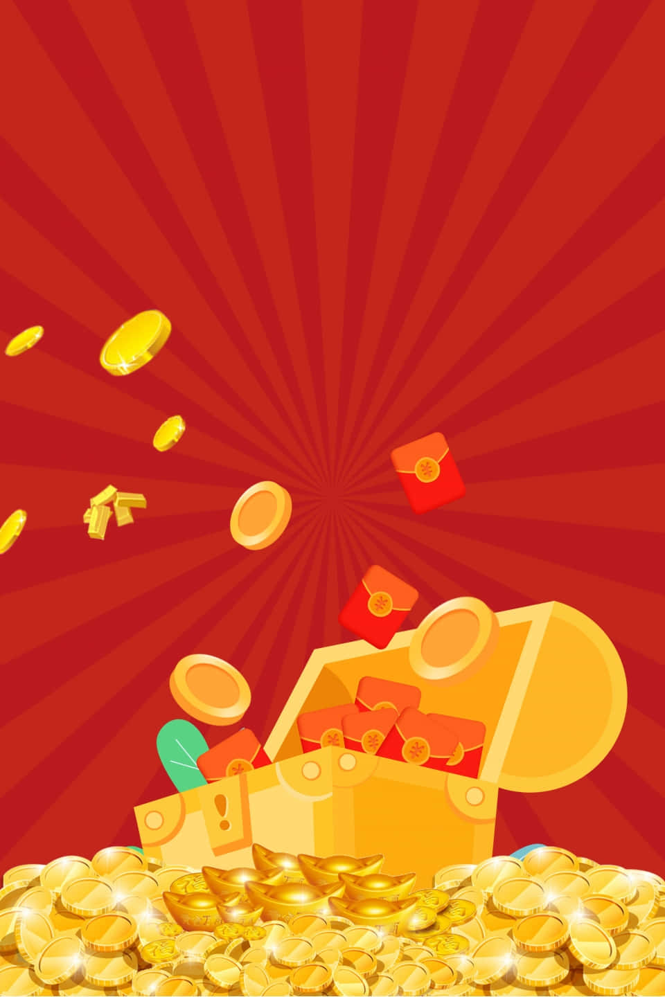 Treasure 桌布 壁紙 — 一個金色的寶箱，裝滿了硬幣和紅包，在充滿活力的紅色放射狀背景上爆開。