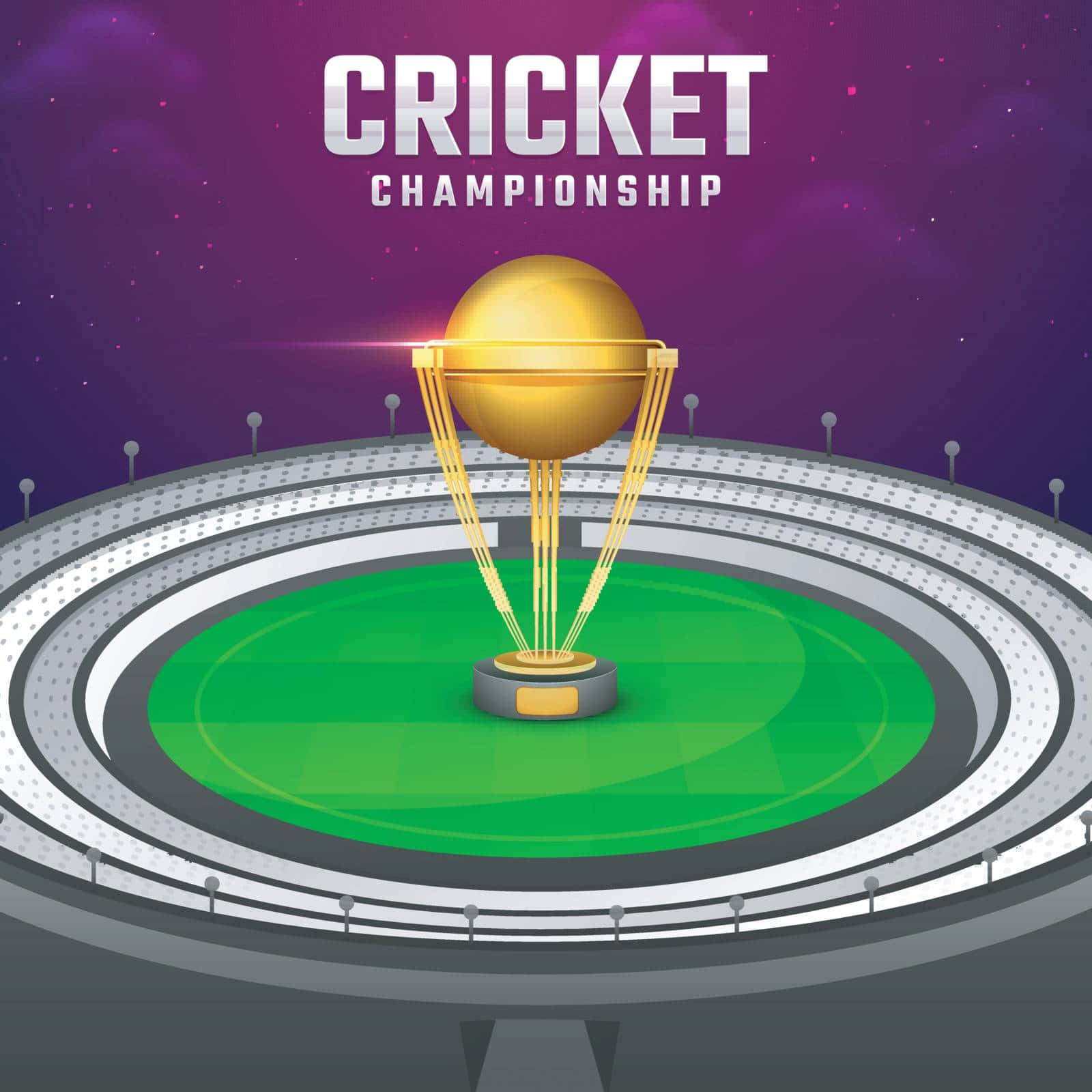 Cricket Ground 桌布 壁紙 — 一個金色的板球獎盃在未來主義體育館的綠色球場上閃閃發光，上方是繁星點點的紫色天空。