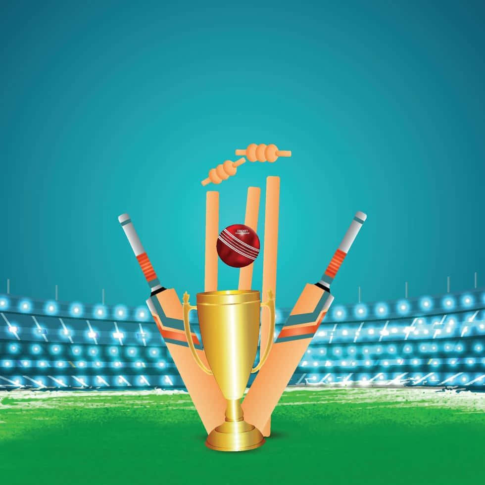 Cricket Ground 桌布 壁紙 — 一個金色的板球獎盃自豪地矗立在綠色球場上，兩旁有球棒和三柱門，頂部有一個紅色球，背景是體育場，在青綠色的天空下被明亮的泛光燈照亮。