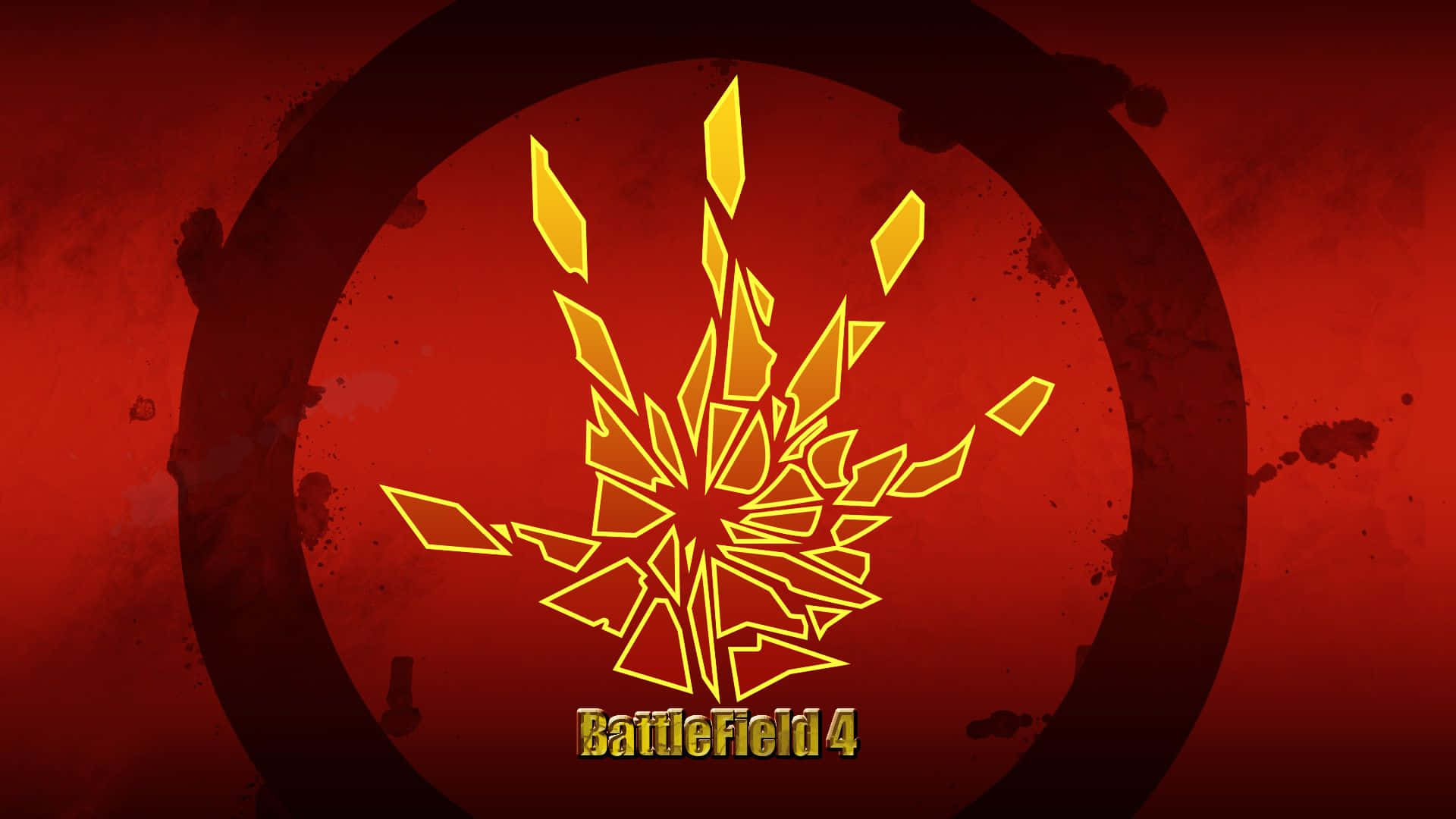 Frostbite 桌布 壁紙 — 一個金色的破碎玻璃爆炸效果的 Battlefield 4 標誌，在帶有深色飛濺的紋理血紅色背景上閃耀。
