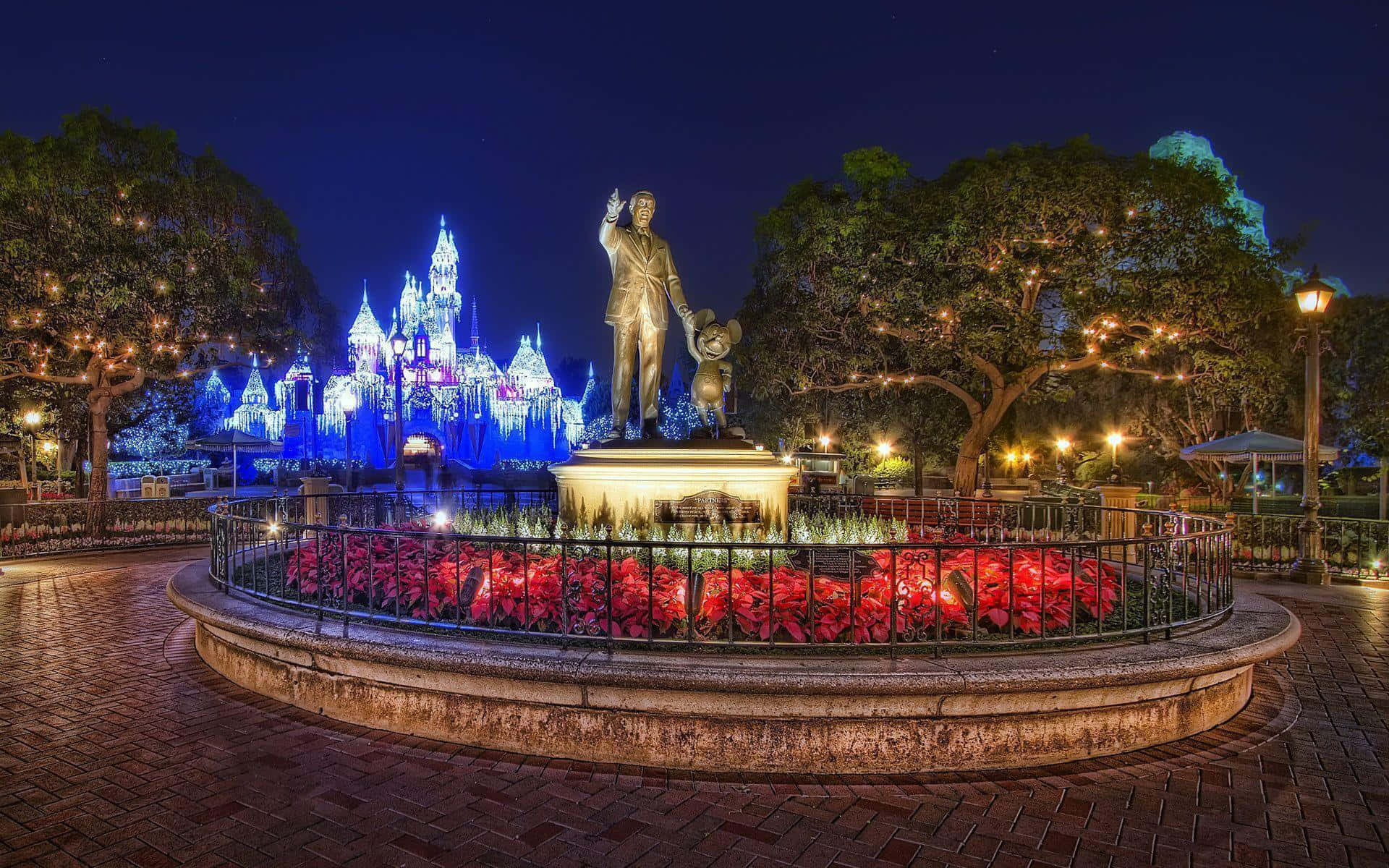 Disneyland 桌布 壁紙 — 一個金色的華特迪士尼雕像，抱著米奇老鼠，站在一個被紅花圍繞的噴泉中，背景是星空下閃耀的藍色城堡。