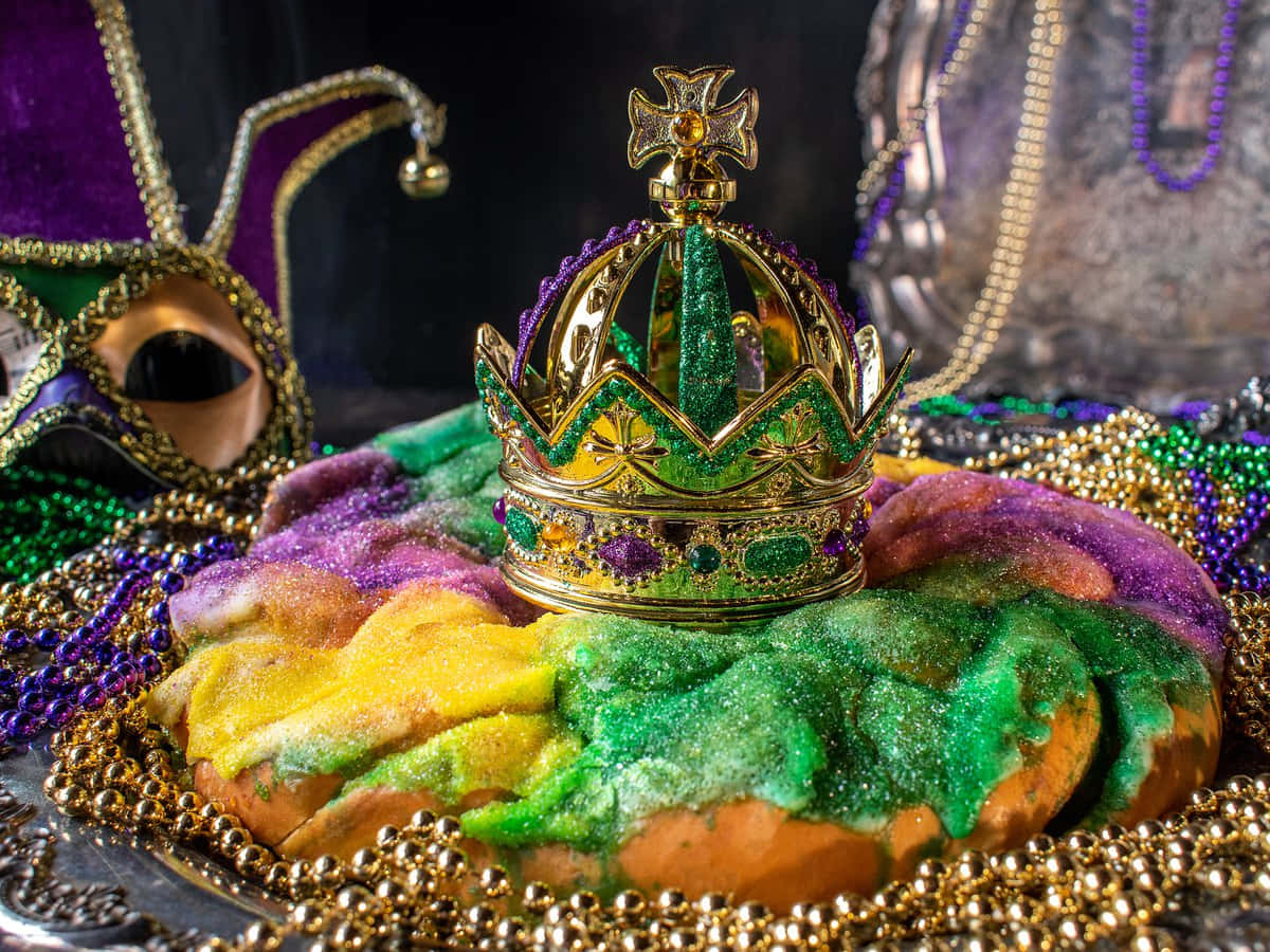 Mardi Gras 桌布 壁紙 — 一個金色皇冠和小丑面具放在撒有紫色、綠色和金色糖珠的國王蛋糕上。