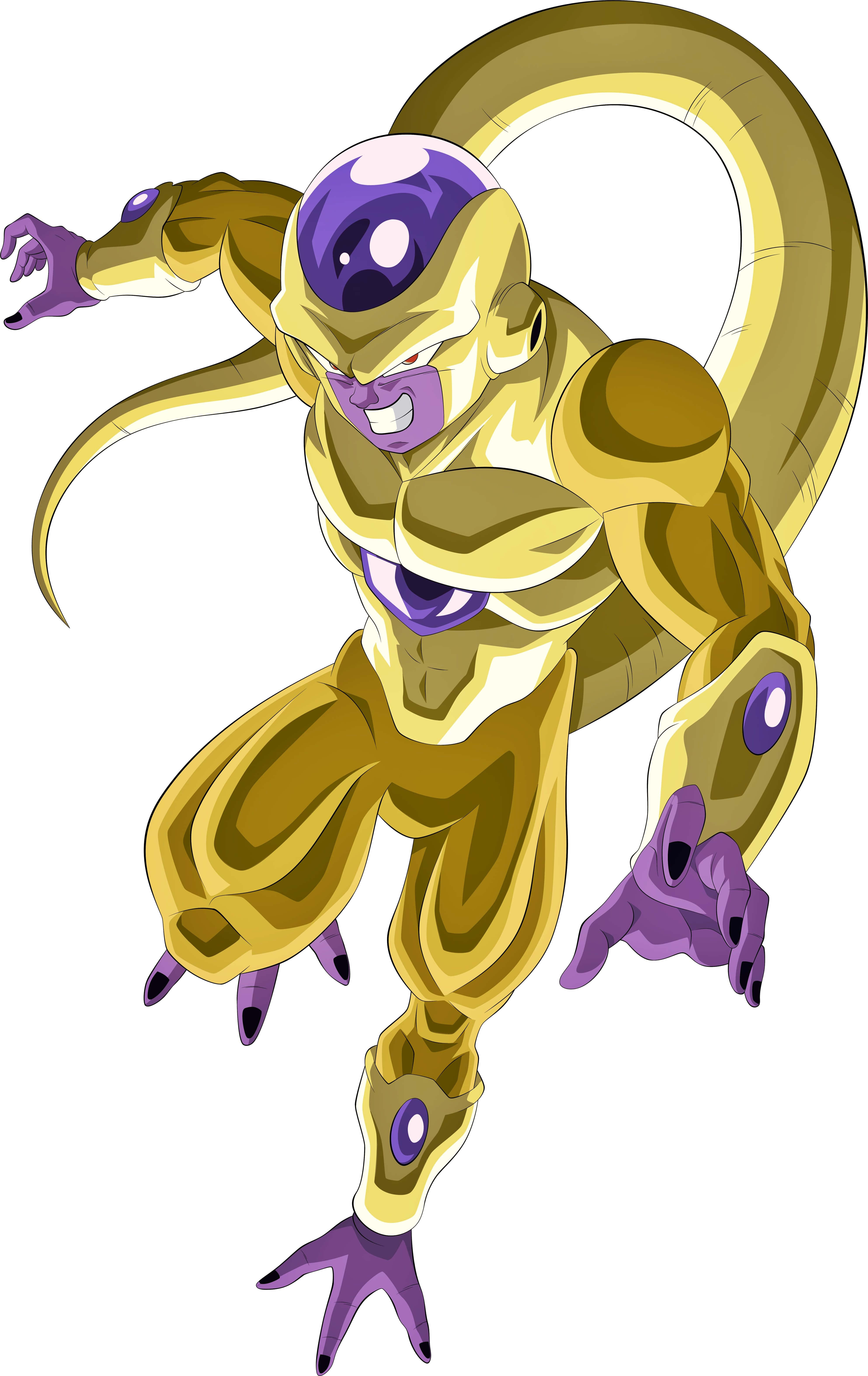 Golden Frieza 桌布 壁紙 — 一個金色裝甲、帶有紫色點綴和長尾巴的動漫角色擺出動態戰鬥姿勢。
