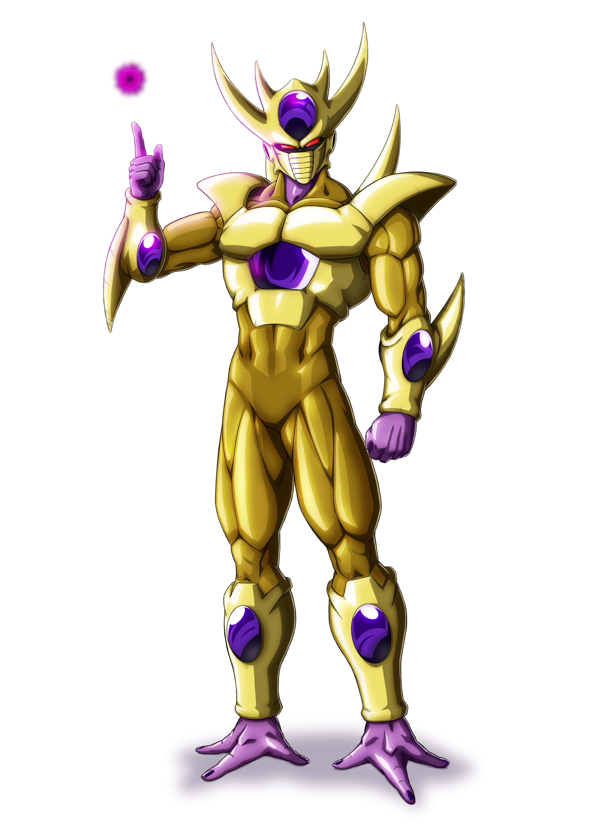 Golden Frieza 桌布 壁紙 — 一個金色裝甲動漫角色，帶有紫色點綴和發光的眼睛，舉起一根手指，同時一個粉紅色球體漂浮著。