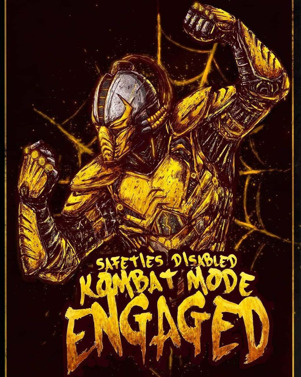 Mortal Kombat Cyrax 桌布 壁紙 — 一個金色裝甲戰士戴著頭盔，在黑暗背景上發光的裂縫和粗體文字「SAFETIES DISABLED KOMBAT MODE ENGAGED」前強力地展示肌肉。
