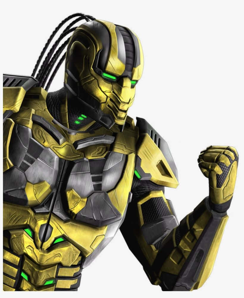 Mortal Kombat Cyrax 桌布 壁紙 — 一個金色裝甲機械人，頭上有發光的綠色眼睛和編織電纜，在純白色背景上握緊拳頭。