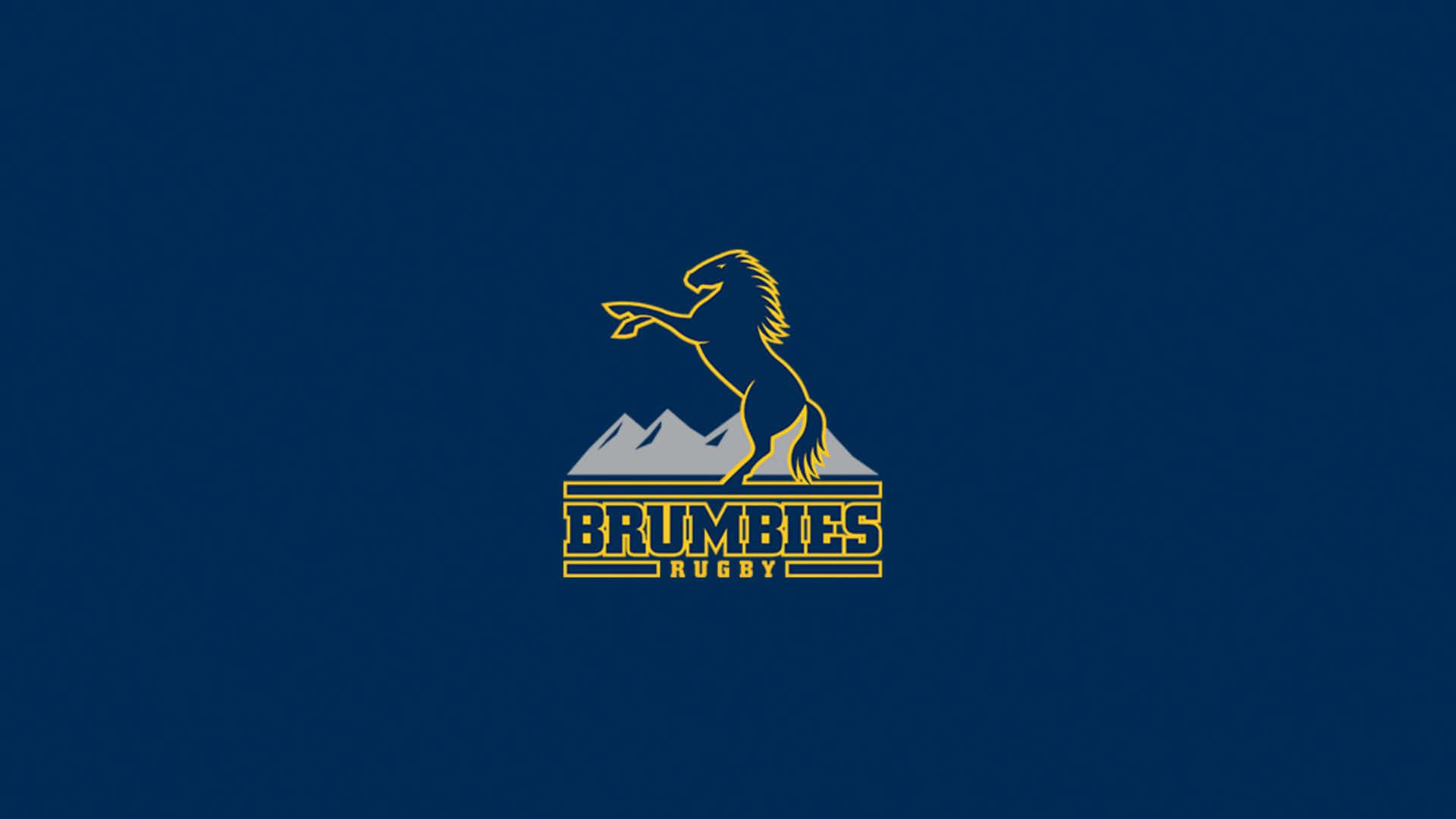 Brumbies 桌布 壁紙 — 一個金色躍立馬匹標誌，背景有山脈和文字，置於深藍色背景上。
