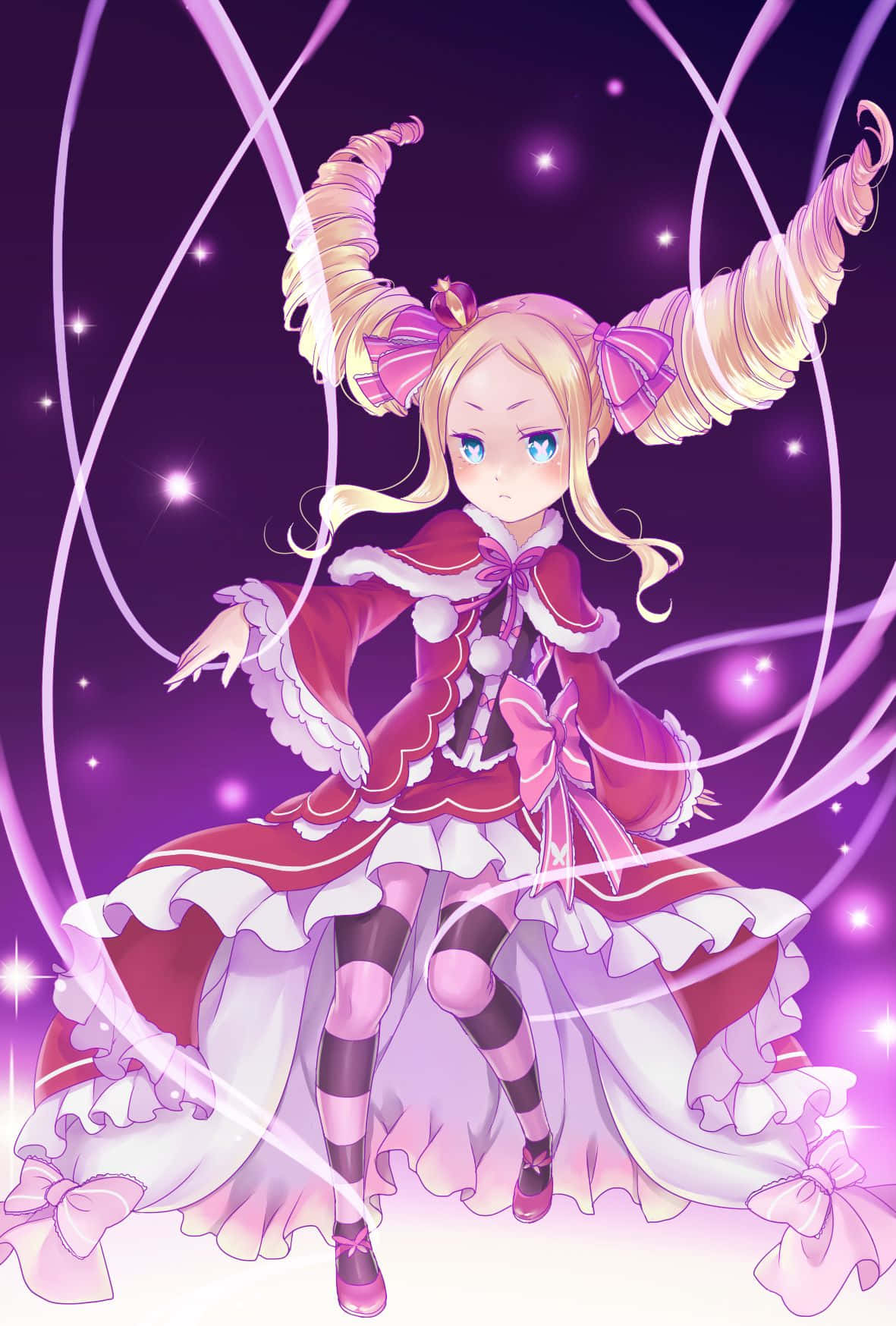 Re Zero Beatrice 桌布 壁紙 — 一個金角紅裙的Q版動漫女孩，站在發光的紫色漩渦和星星之中。