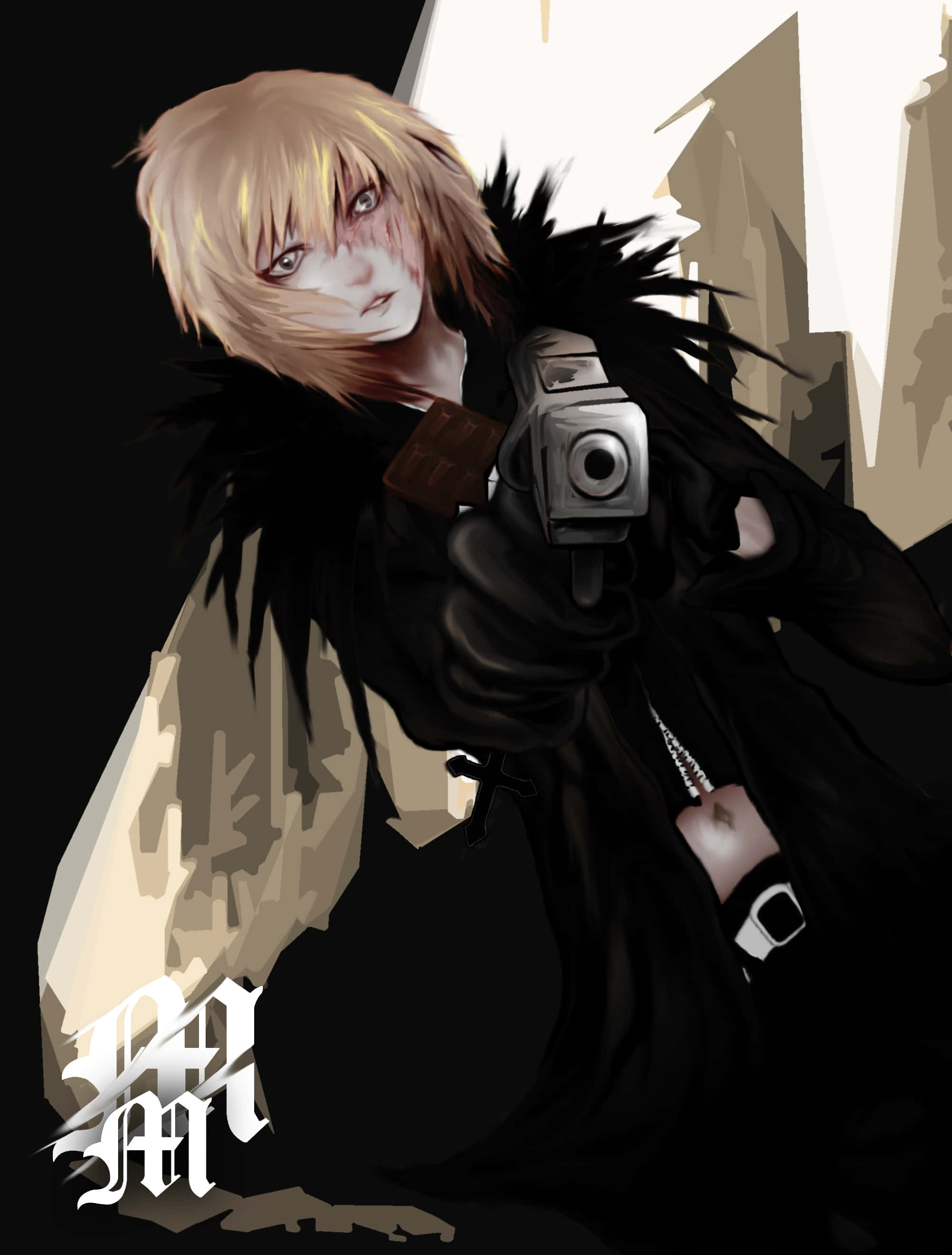 Death Note Mello 桌布 壁紙 — 一個金髮、臉上帶有疤痕的動漫角色，在純黑和米色背景前舉槍瞄準前方。
