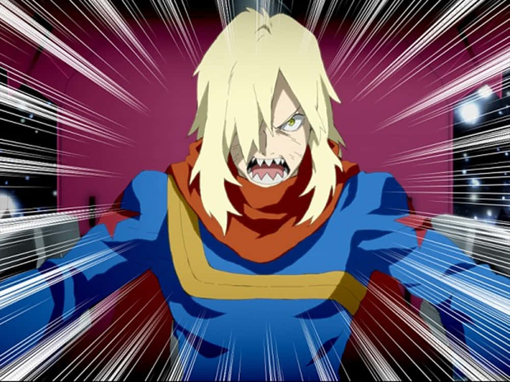Gurren Lagann Viral 桌布 壁紙 — 一個金髮且表情兇猛嘅動漫角色，喺洋紅色背景上帶住動態速度線向前衝刺。