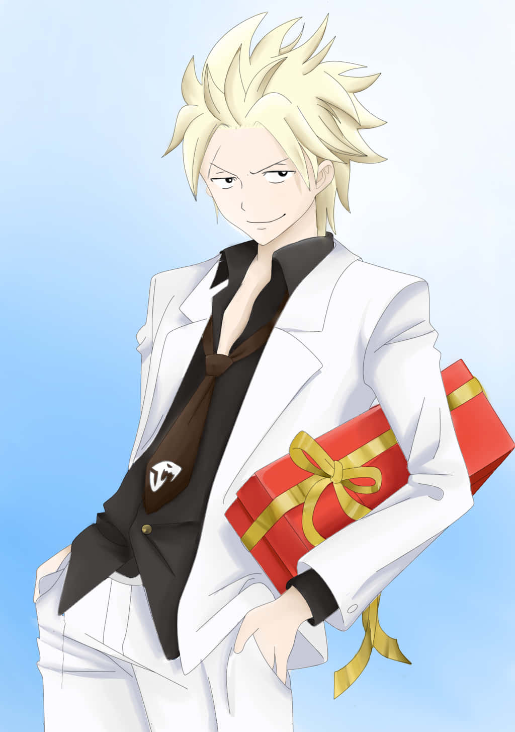 Sting Eucliffe 桌布 壁紙 — 一個金髮刺刺的動漫男孩穿著白色西裝，在柔和的藍色背景前拿著一個帶金色蝴蝶結的紅色禮物盒。