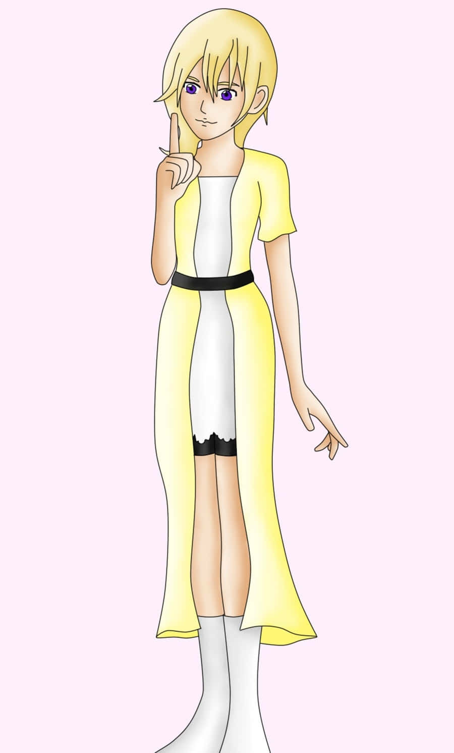 Kingdom Hearts Namine 桌布 壁紙 — 一個金髮動漫女孩，身穿黃色開襟毛衣和白色連衣裙，在柔和的粉紅色背景前將手指放在嘴唇上。