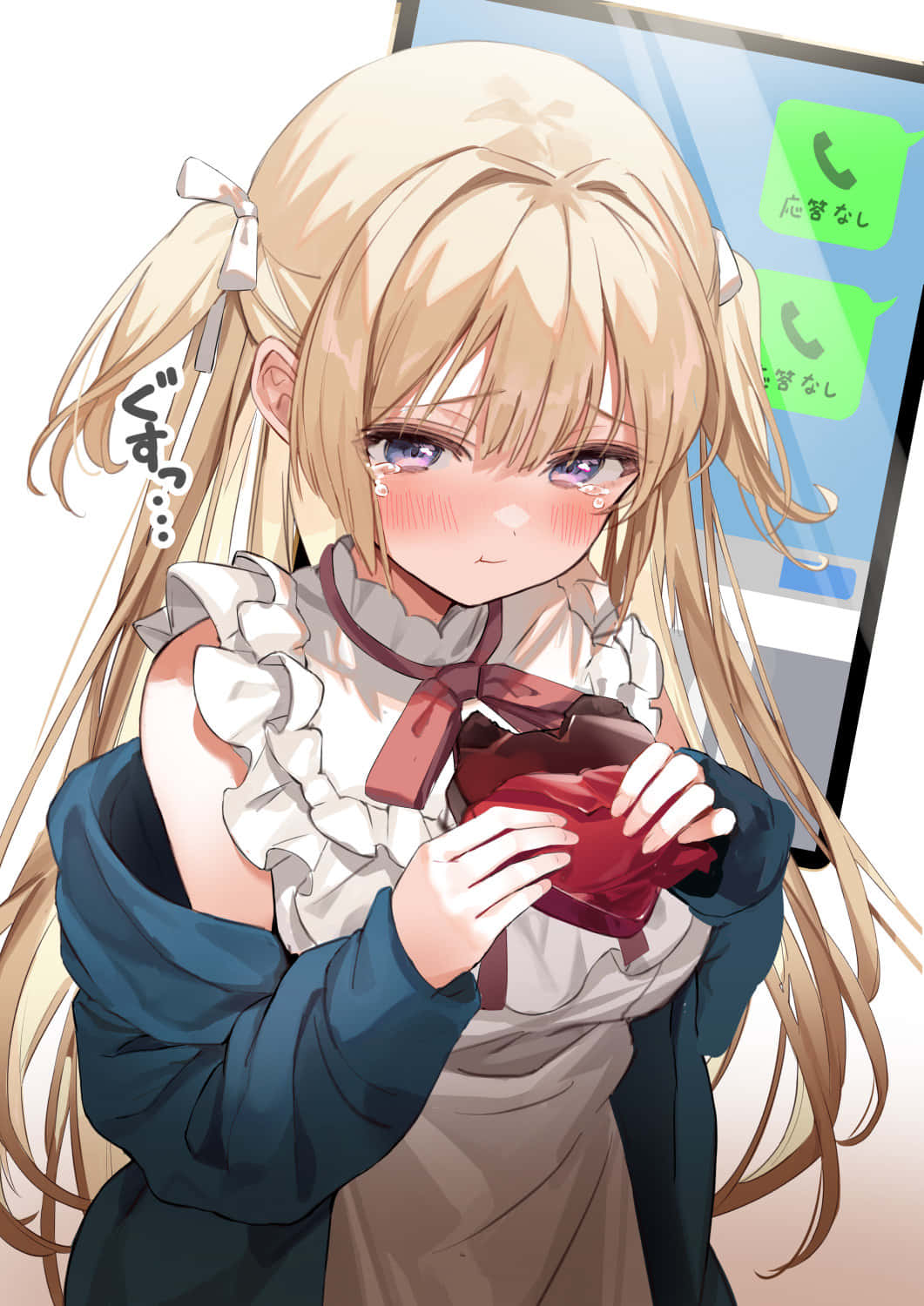 High School Fleet 桌布 壁紙 — 一個金髮動漫女孩淚眼汪汪地緊握著一顆紅心，同時看著顯示『沒有回應』訊息的手機。