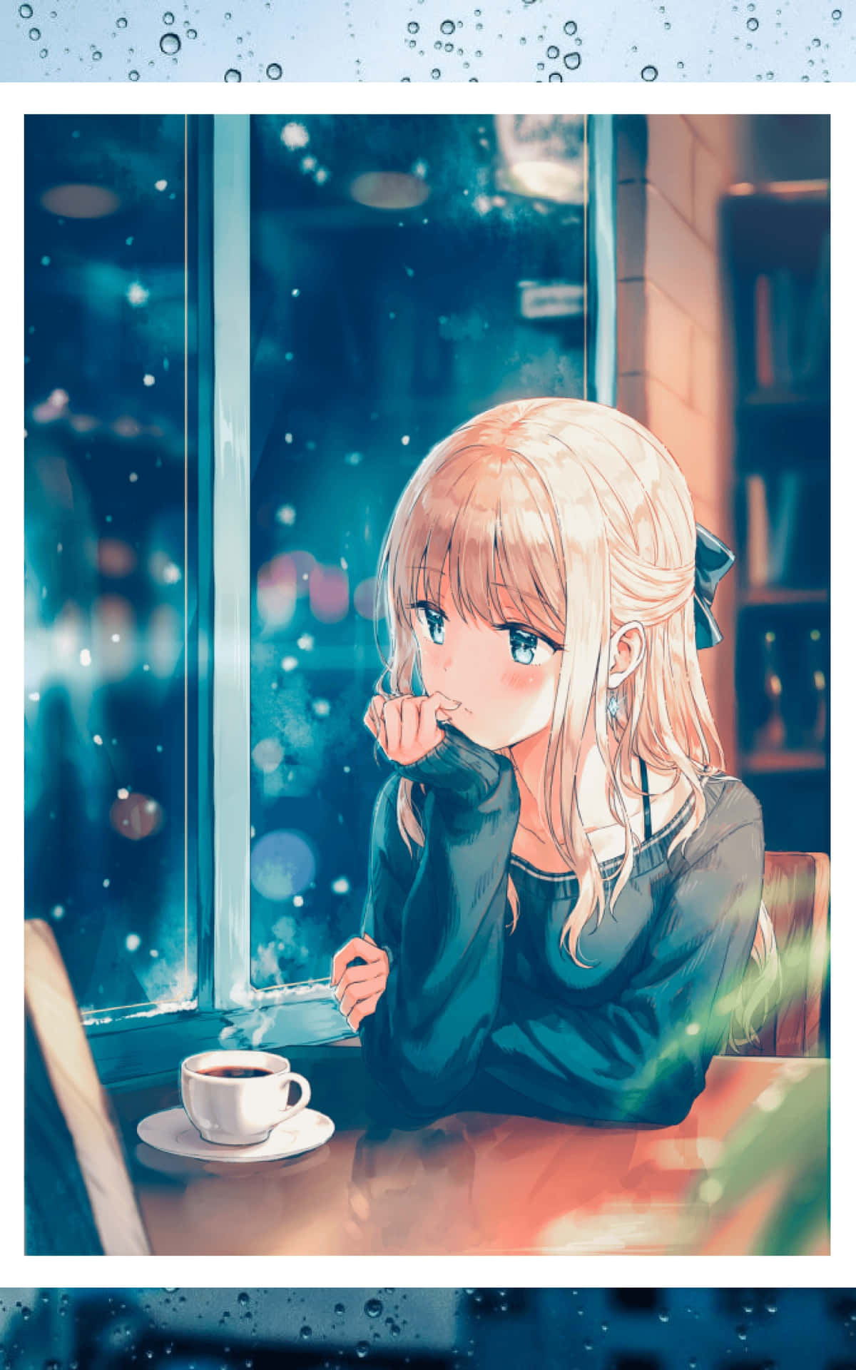  壁紙 — 一個金髮動漫女孩獨自坐在下雨的咖啡館裏，望着窗外飄落的雪花，一邊喝着咖啡。