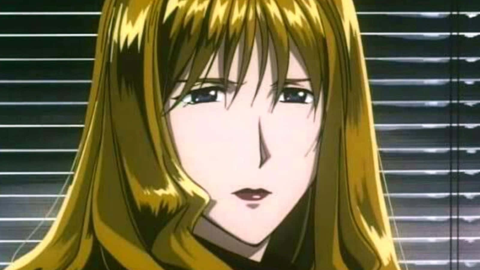 Cowboy Bebop Julia 桌布 壁紙 — 一個金髮動漫女孩的特寫，表情嚴肅，站在深色窗簾前。