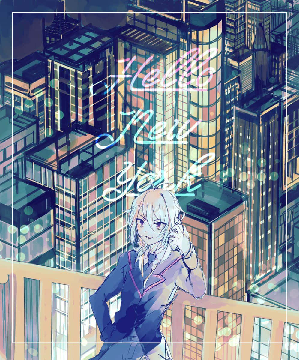 Shu Kurenai 桌布 壁紙 — 一個金髮動漫女孩穿著校服站在屋頂陽台上，俯瞰夜晚閃爍的霓虹城市景觀。