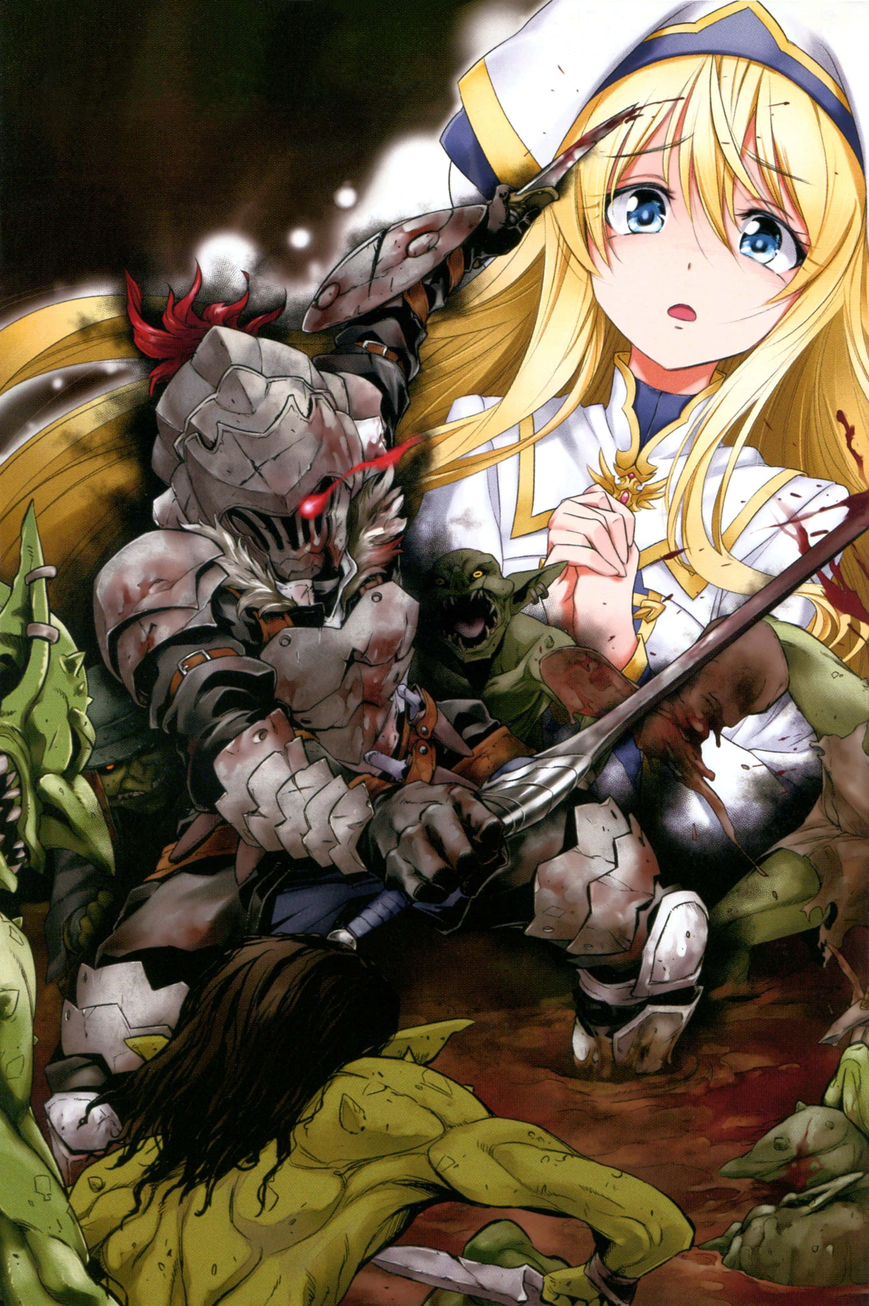Goblin Slayer 桌布 壁紙 — 一個金髮動漫女孩穿著白色盔甲，挑釁地站在一個倒下的騎士旁邊，綠色哥布林在血腥的戰鬥場景中包圍了他們。