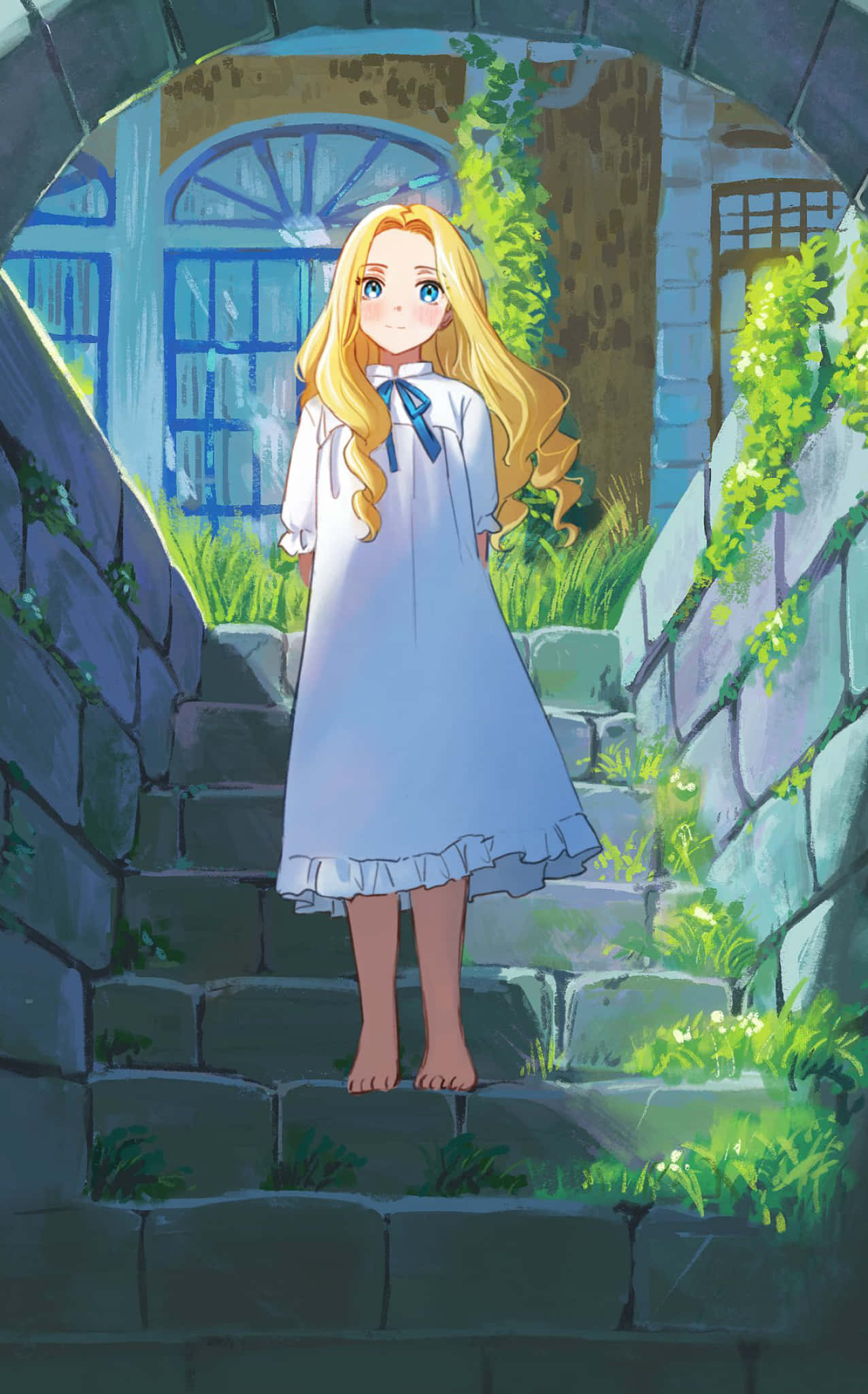 when marnie was there 桌布 壁紙 — 一個金髮動漫女孩穿著白色連衣裙，赤腳站在藤蔓覆蓋的拱門下的長滿青苔的石階上。