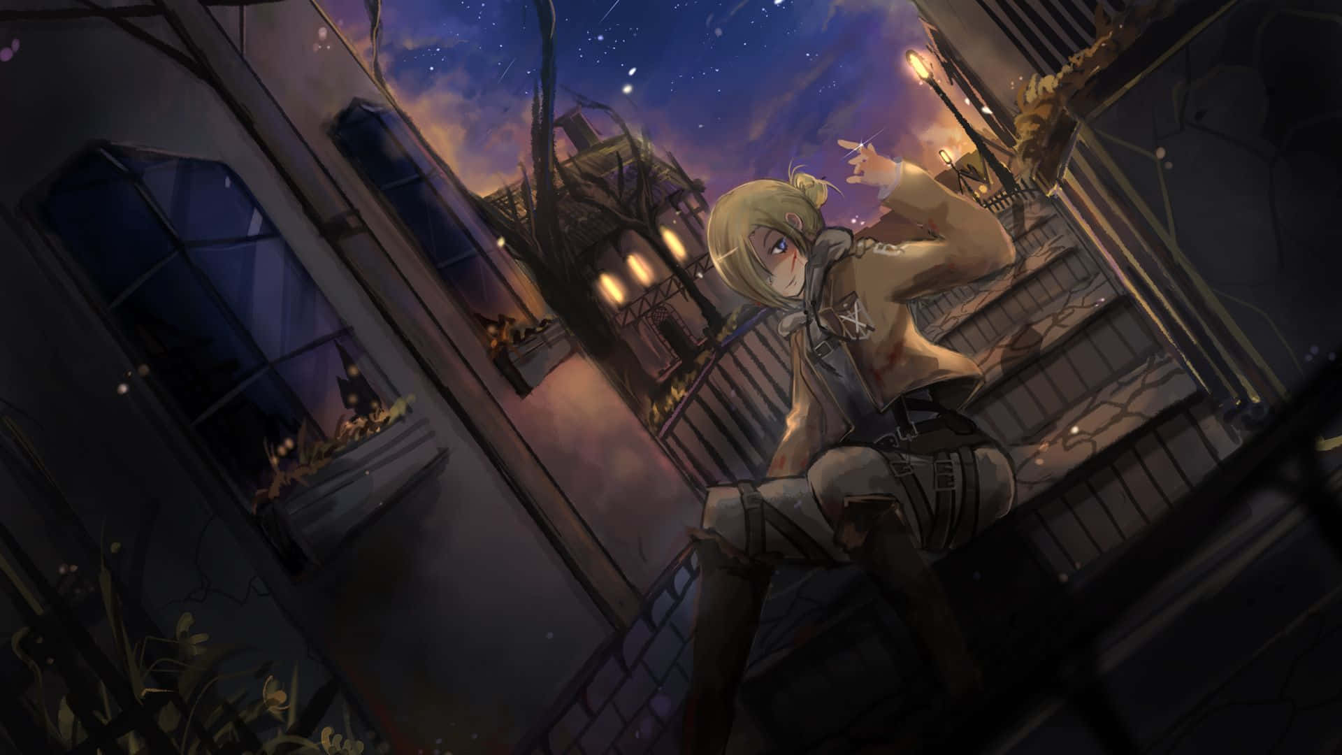 Annie Leonhart 桌布 壁紙 — 一個金髮動漫女孩穿著米色服裝，在黃昏時坐在屋頂上，仰望星空，下方溫暖的燈籠閃爍著光芒。