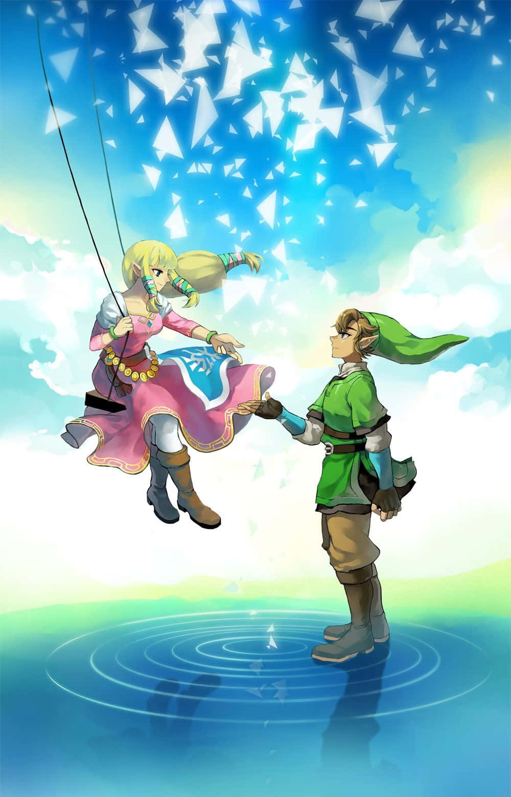 The Legend Of Zelda Skyward Sword 桌布 壁紙 — 一個金髮動漫女孩穿著粉紅色衣服，向著一個站在漣漪水面上、穿著綠色衣服的男孩蕩去，天空佈滿發光的白色三角形。