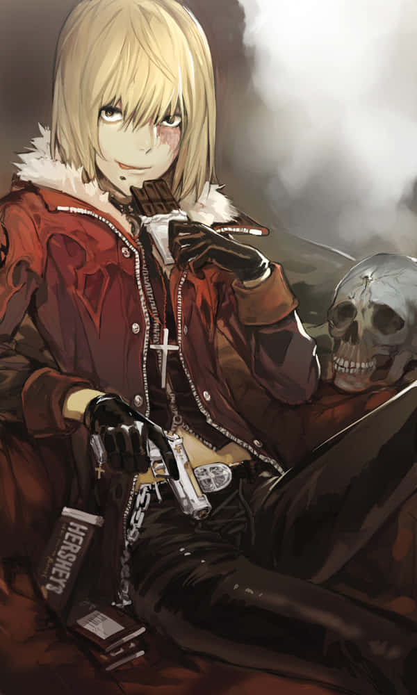 Death Note Mello 桌布 壁紙 — 一個金髮動漫女孩穿著紅色外套，在煙霧瀰漫的昏暗環境中，手持朱古力條和手槍，旁邊有一個骷髏頭。
