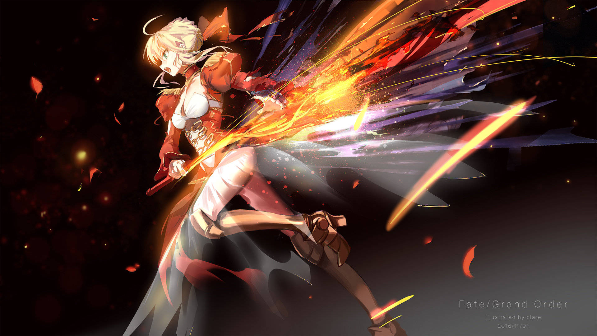 Saber Extra/Fate:Last Encore 壁紙 — 一個金髮動漫女孩穿著紅色盔甲，用發光的劍揮砍，將火焰能量和花瓣飛向黑暗背景。