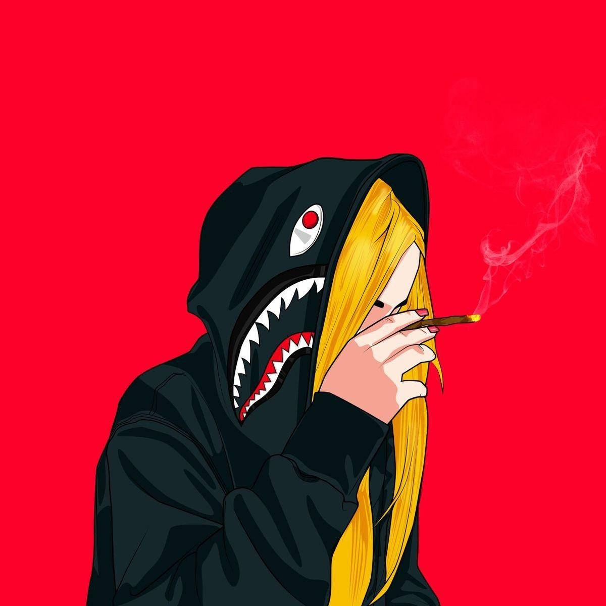 supreme 桌布 壁紙 — 一個金髮動漫女孩穿著鯊魚嘴連帽衫，在鮮紅色背景前抽大麻煙。