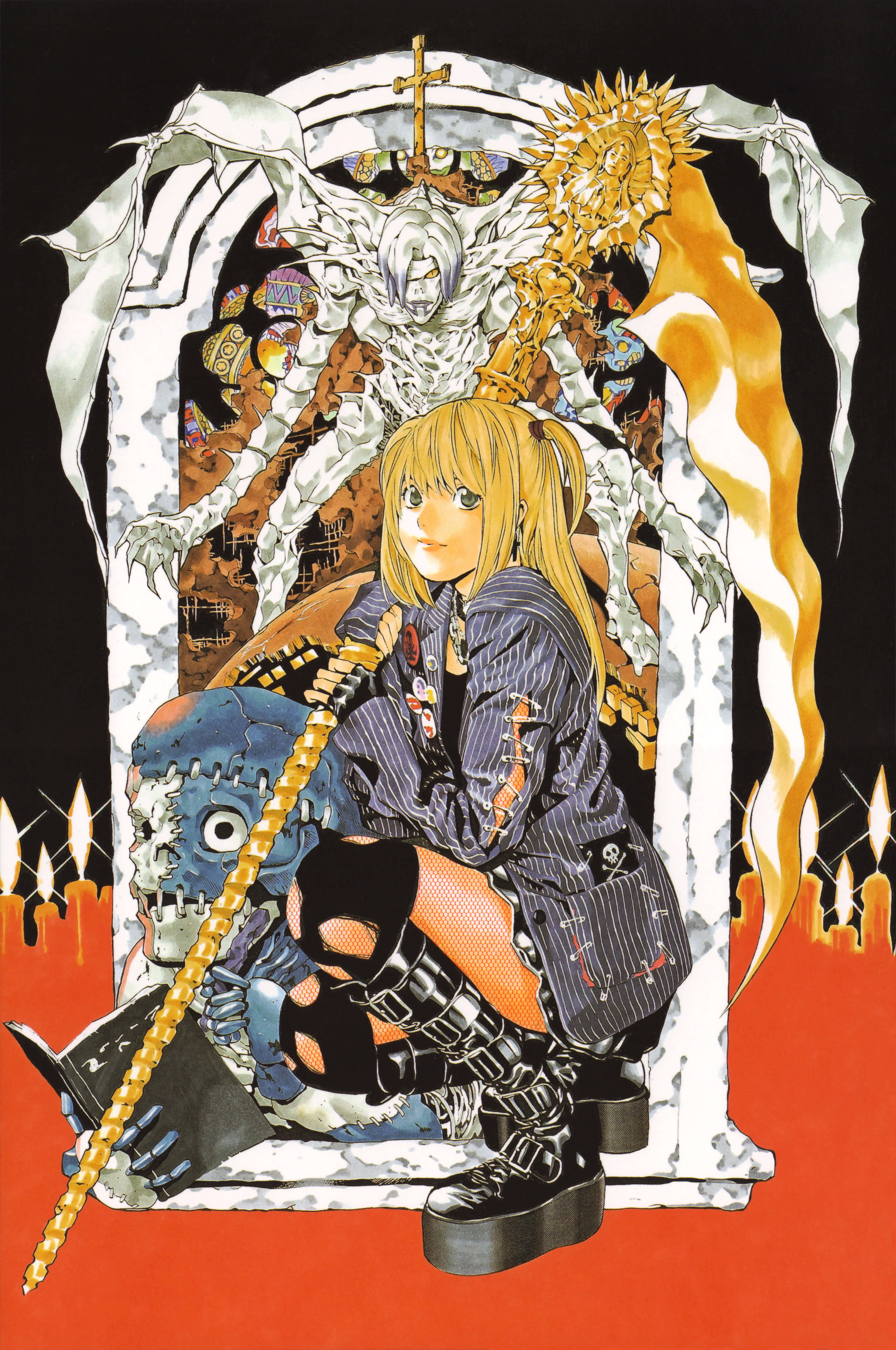 Death Note Rem 桌布 壁紙 — 一個金髮動漫女孩穿著龐克裝備，跪在一個拿著金色鏈條的骷髏天使面前，背景是火紅色和蠟燭。