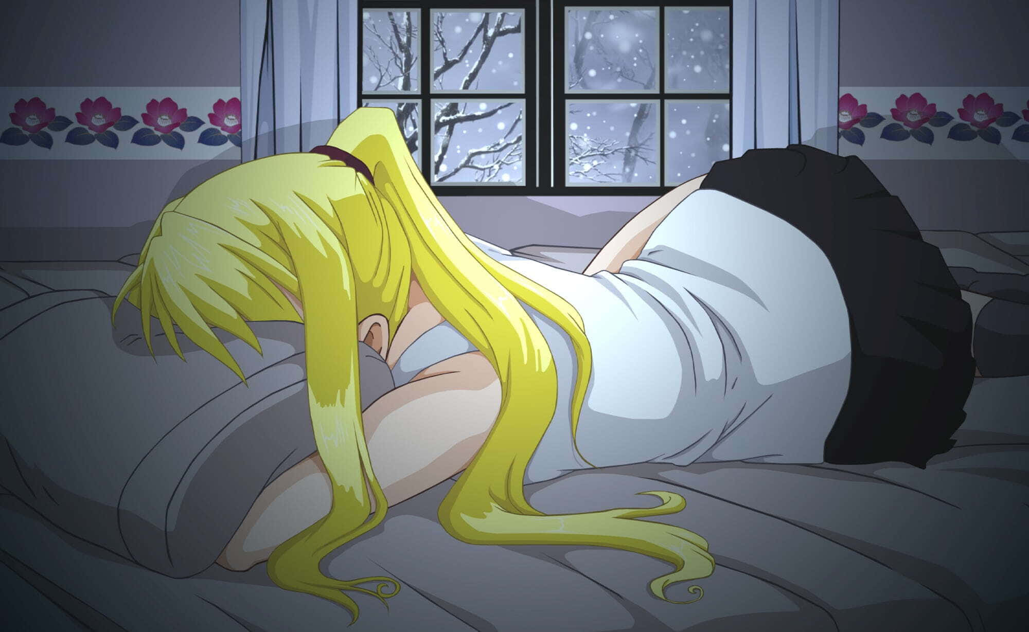 Winry Rockbell 桌布 壁紙 — 一個金髮動漫女孩蜷縮在床上睡覺，夜晚窗外飄著雪。