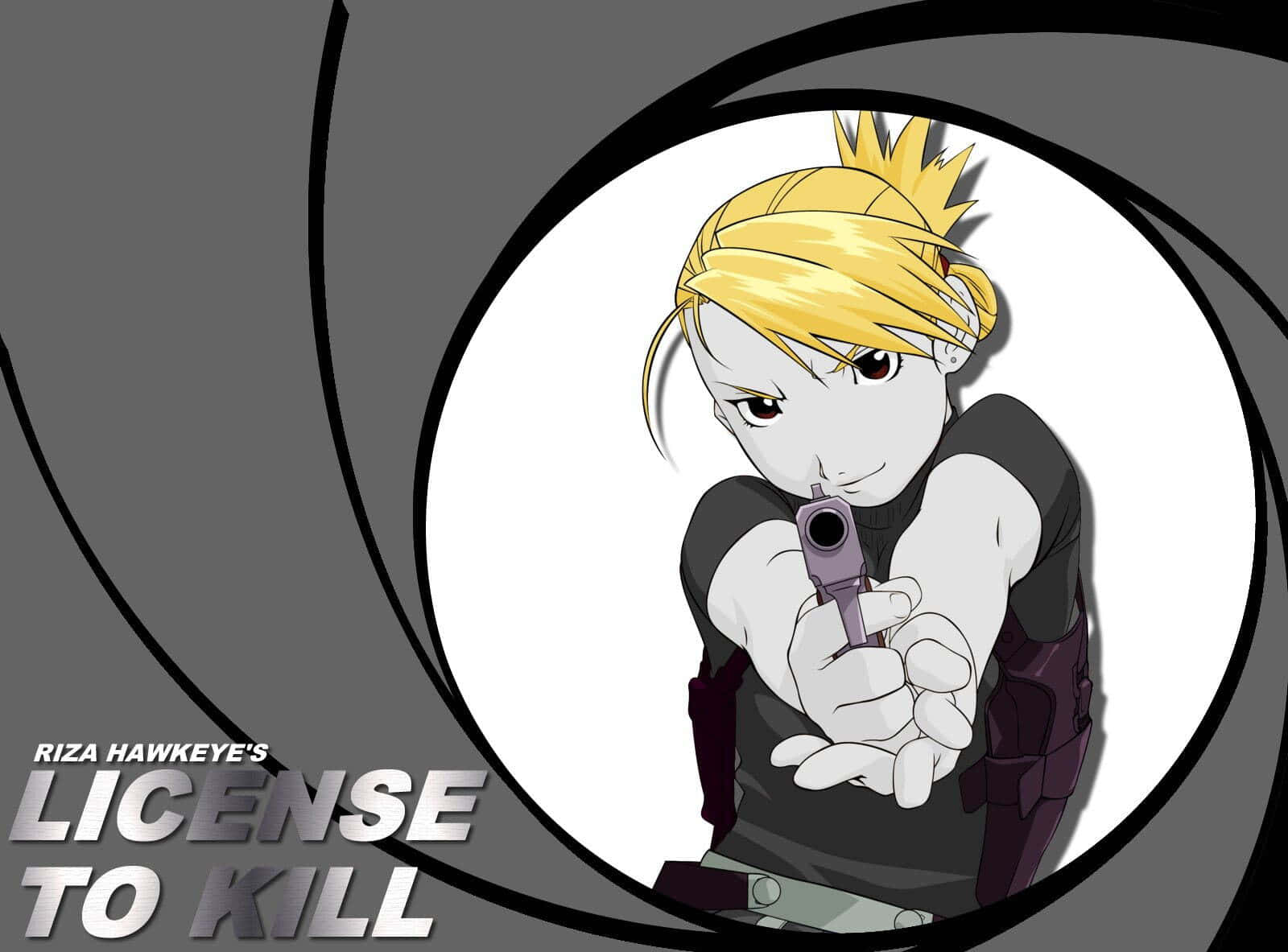 Riza Hawkeye 桌布 壁紙 — 一個金髮動漫女孩透過帶有 'Riza Hawkeye's License to Kill' 文字的槍管瞄準手槍。