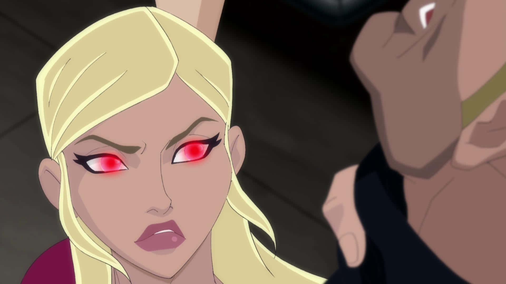Superman Unbound 桌布 壁紙 — 一個金髮動漫女性，擁有發光的紅色眼睛，在黑暗場景中強烈凝視。