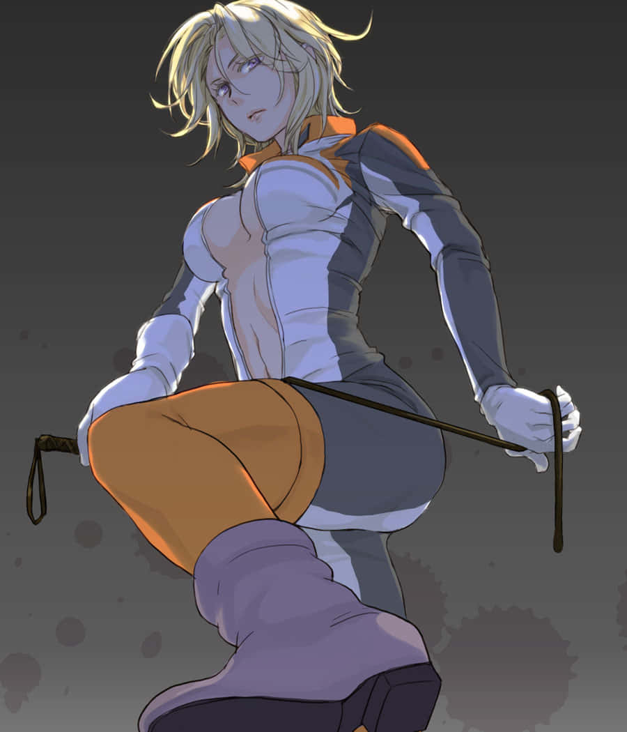 Durarara Vorona 桌布 壁紙 — 一個金髮動漫女性穿著白色和橙色服裝，蹲著拿著鞭子，背景為深灰色。