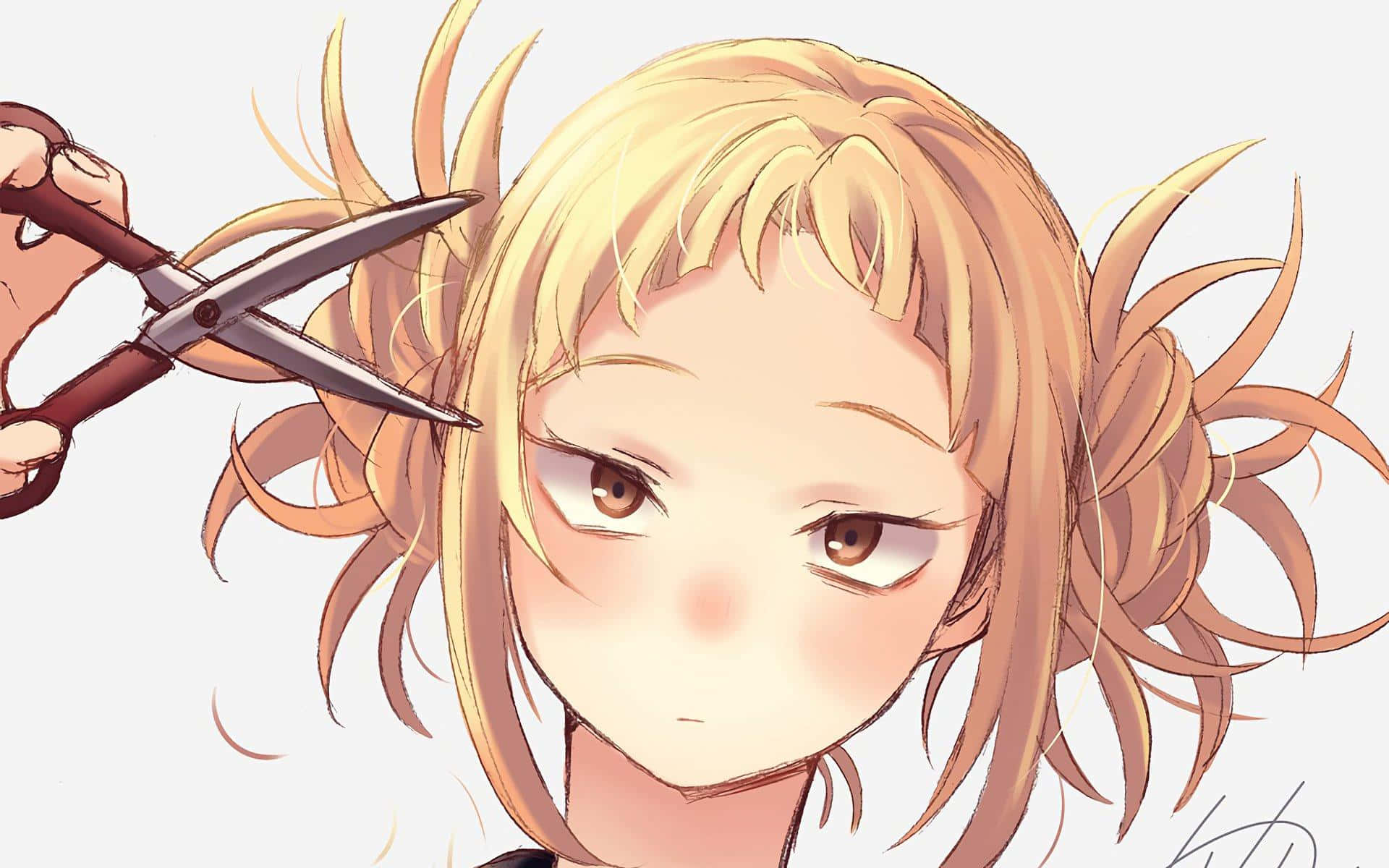Toga 桌布 壁紙 — 一個金髮動漫少女的近距離特寫，她的手正拿著剪刀剪頭髮。
