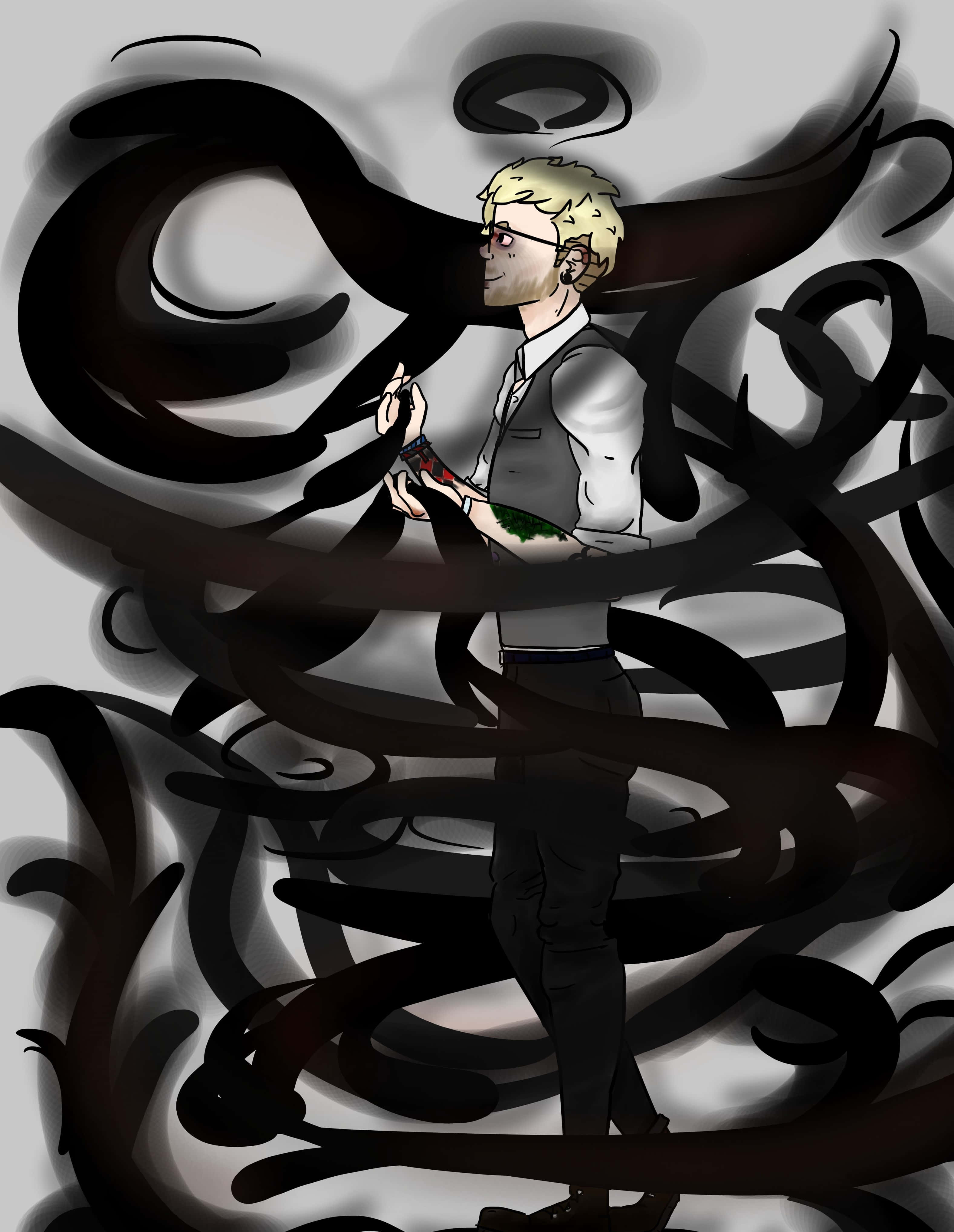 Dark Power 桌布 壁紙 — 一個金髮動漫男子穿著背心，在灰色背景上平靜地站在旋轉的黑暗觸手之中。