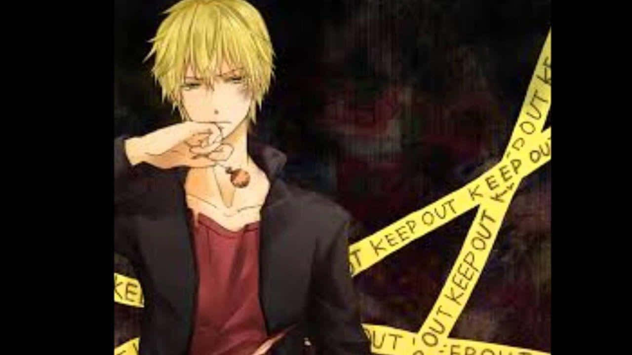Kasuka Heiwajima 桌布 壁紙 — 一個金髮動漫男孩，身穿黑色外套和紅色襯衫，站在黃色「禁止進入」膠帶後面，表情嚴肅。