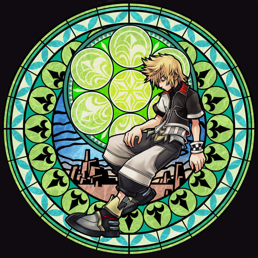 Kingdom Hearts Ventus 桌布 壁紙 — 一個金髮動漫男孩沉思地坐在圓形彩繪玻璃窗內，窗上有綠色花卉圖案，下方是城市景觀。
