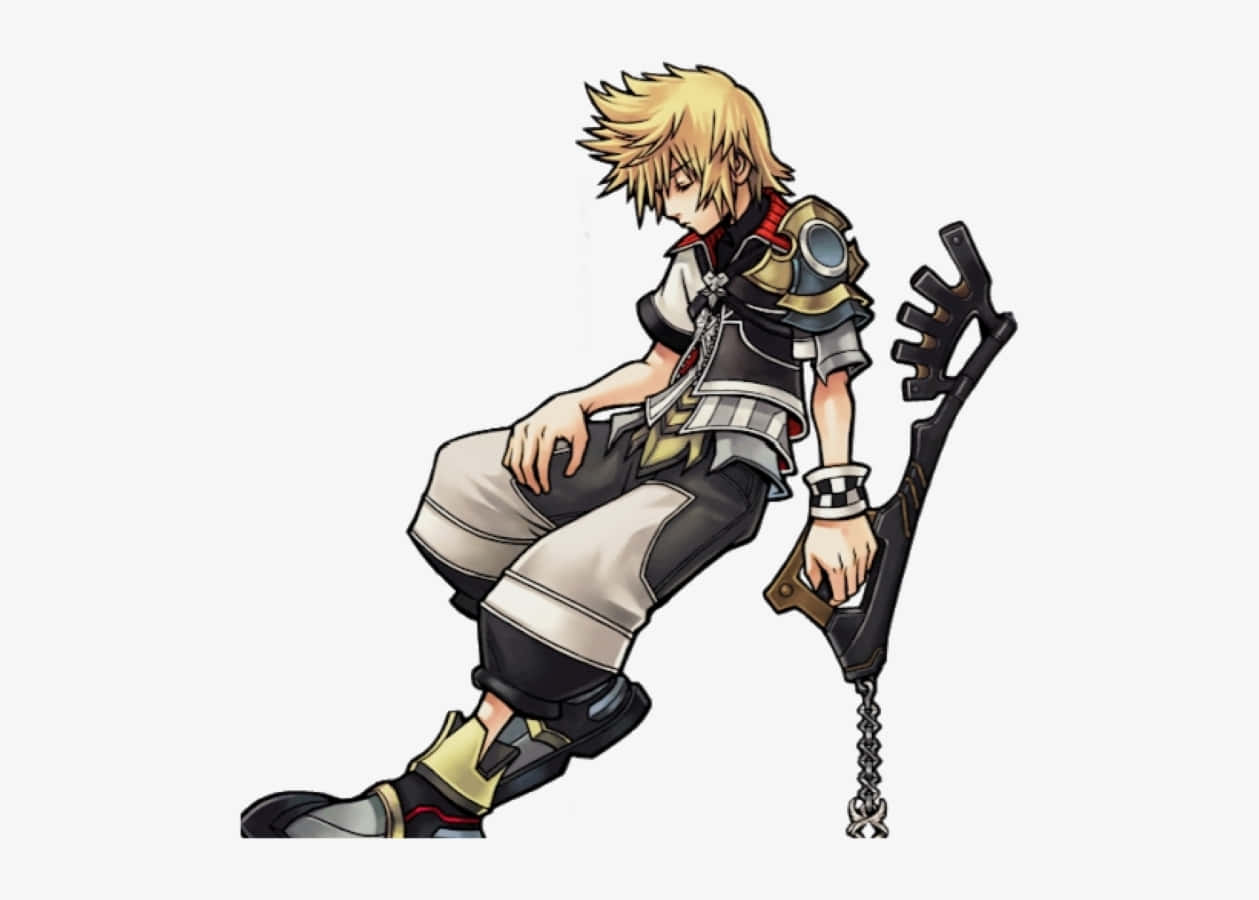 Kingdom Hearts Ventus 桌布 壁紙 — 一個金髮動漫男孩穿著精細盔甲，隨意地坐在純色背景前，手持一把巨大的鑰匙形武器。