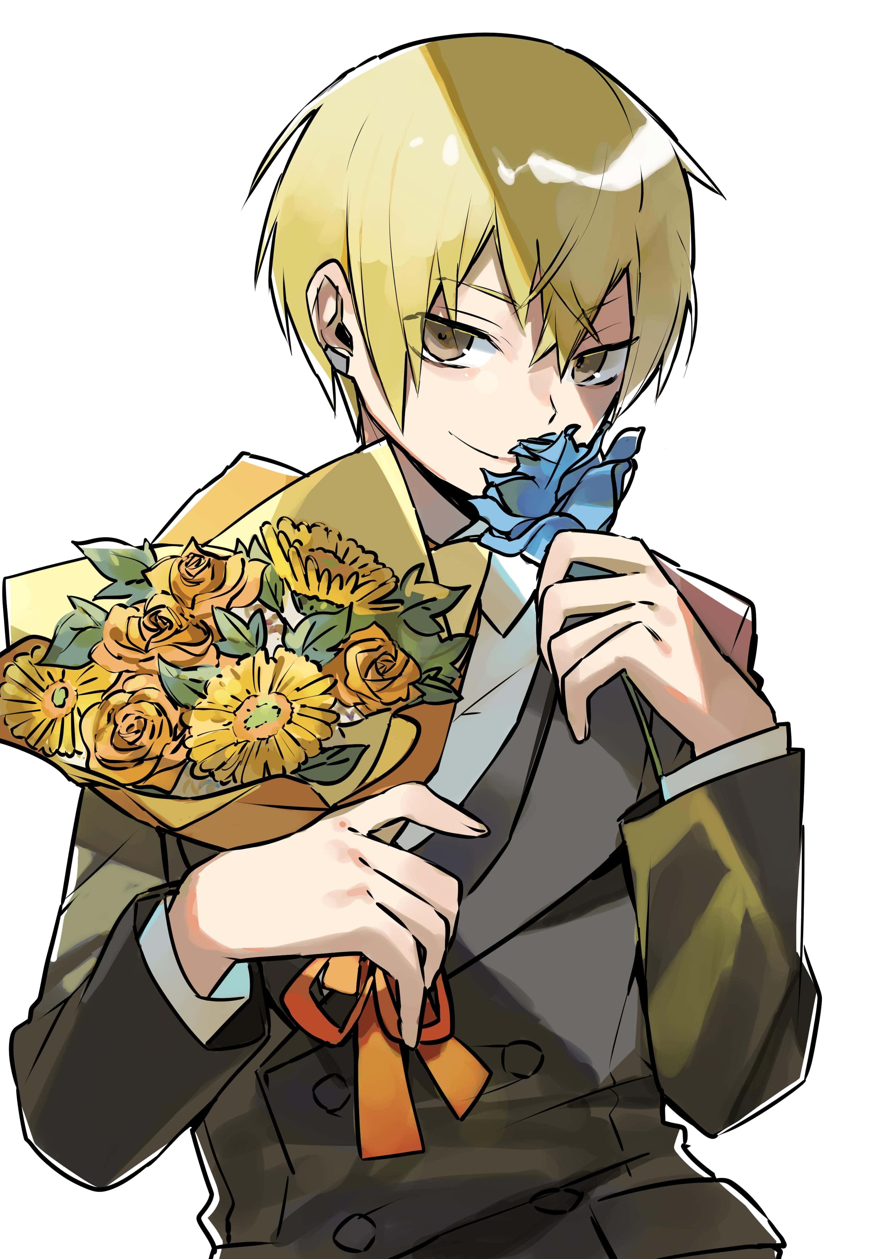Masaomi Kida 桌布 壁紙 — 一個金髮動漫男孩穿著西裝，手持一束黃玫瑰，並聞著一朵藍玫瑰，背景為白色。