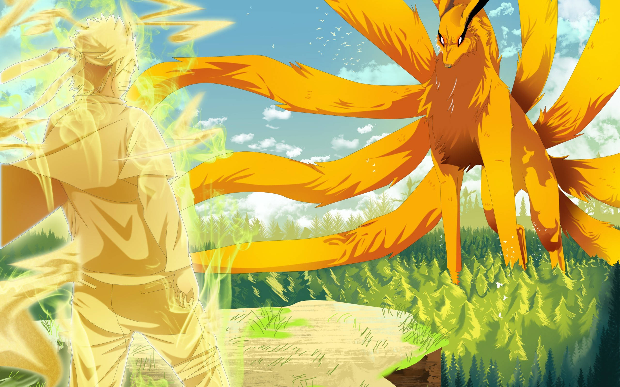 Kurama 桌布 壁紙 — 一個金髮動漫男孩背光站立，在明亮的藍天下，一隻擁有發光橙色毛皮和鋒利爪子的巨大九尾狐從森林空地中出現。