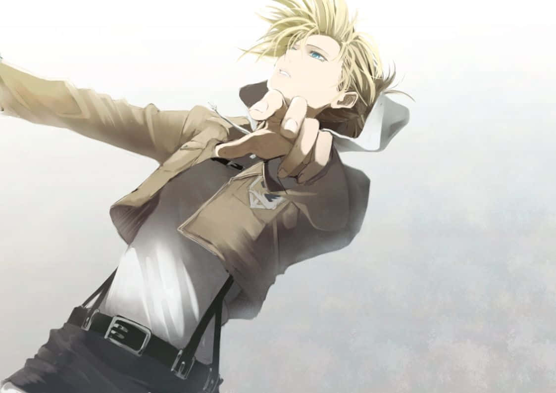 Annie Leonhart 桌布 壁紙 — 一個金髮動漫男性角色穿著棕色外套和吊帶褲，一隻手伸出，另一隻手托著下巴，背景是柔和的灰色。